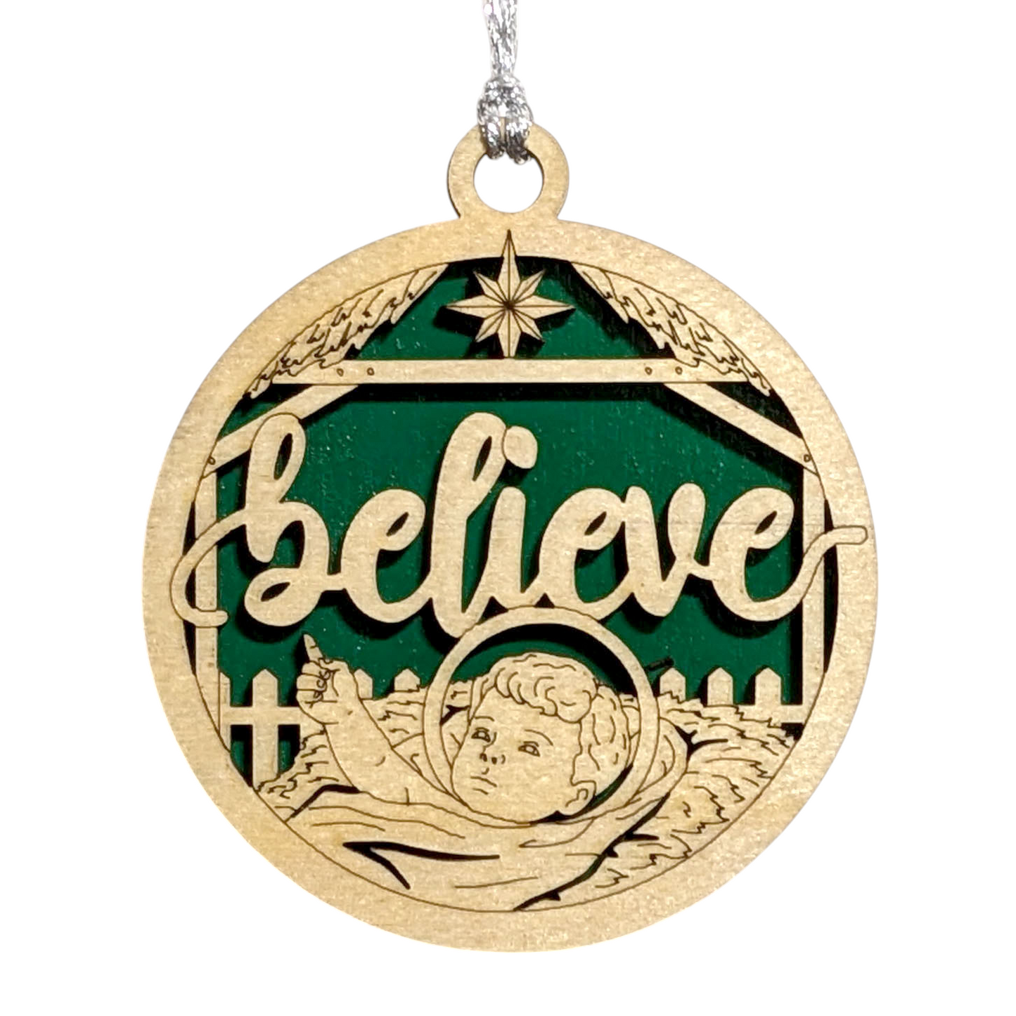 "Believe" Handcrafted Wooden Christmas Ornament - 3" Round Laser Cut Manger Scene with Baby Jesus & Believe Text - 2 Layer Natural Wood Holiday Decor Made in USA
