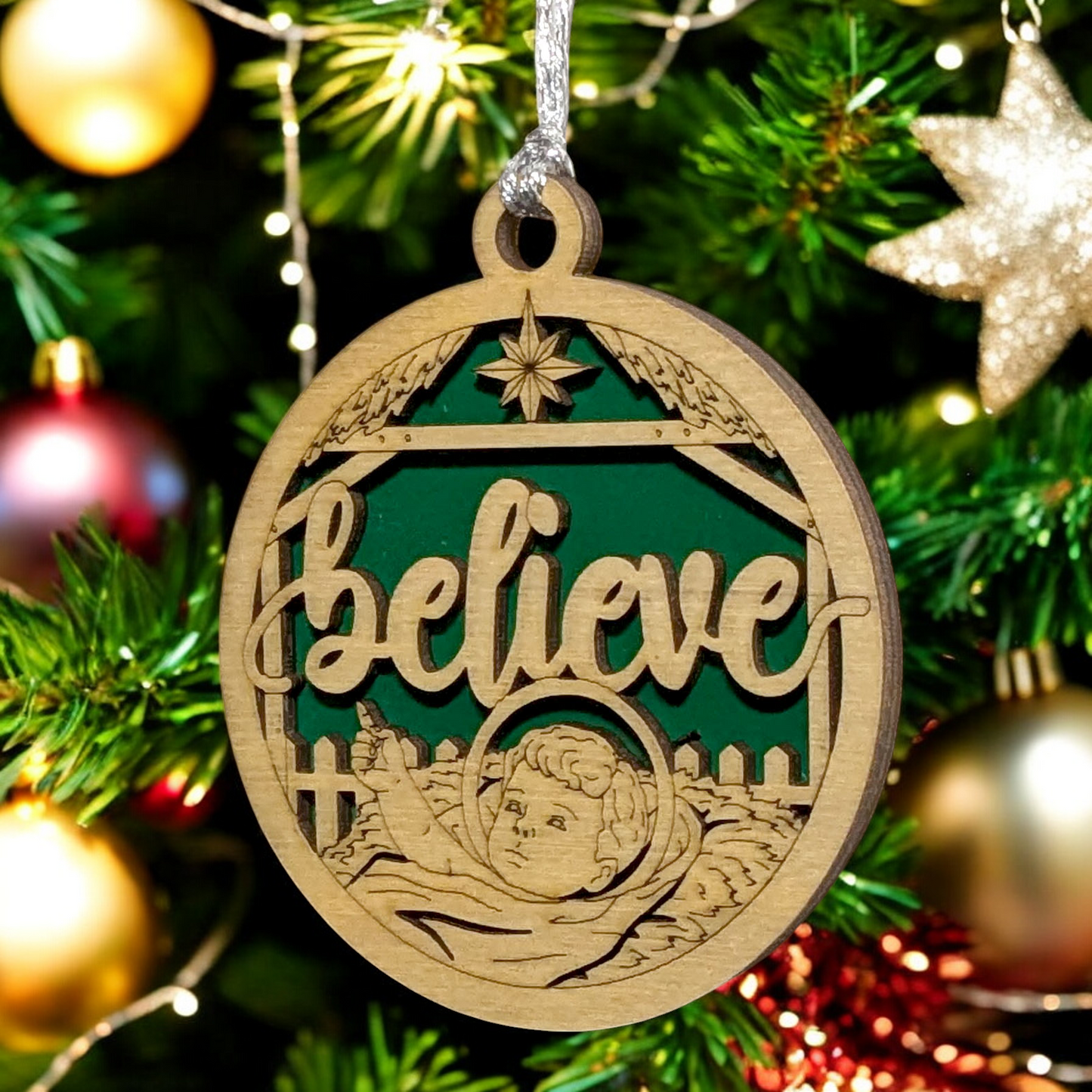 "Believe" Handcrafted Wooden Christmas Ornament - 3" Round Laser Cut Manger Scene with Baby Jesus & Believe Text - 2 Layer Natural Wood Holiday Decor Made in USA