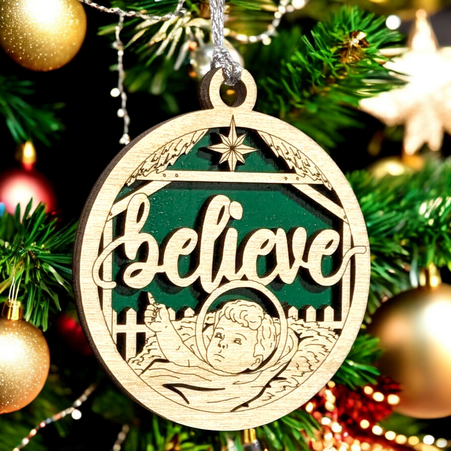 "Believe" Handcrafted Wooden Christmas Ornament - 3" Round Laser Cut Manger Scene with Baby Jesus & Believe Text - 2 Layer Natural Wood Holiday Decor Made in USA