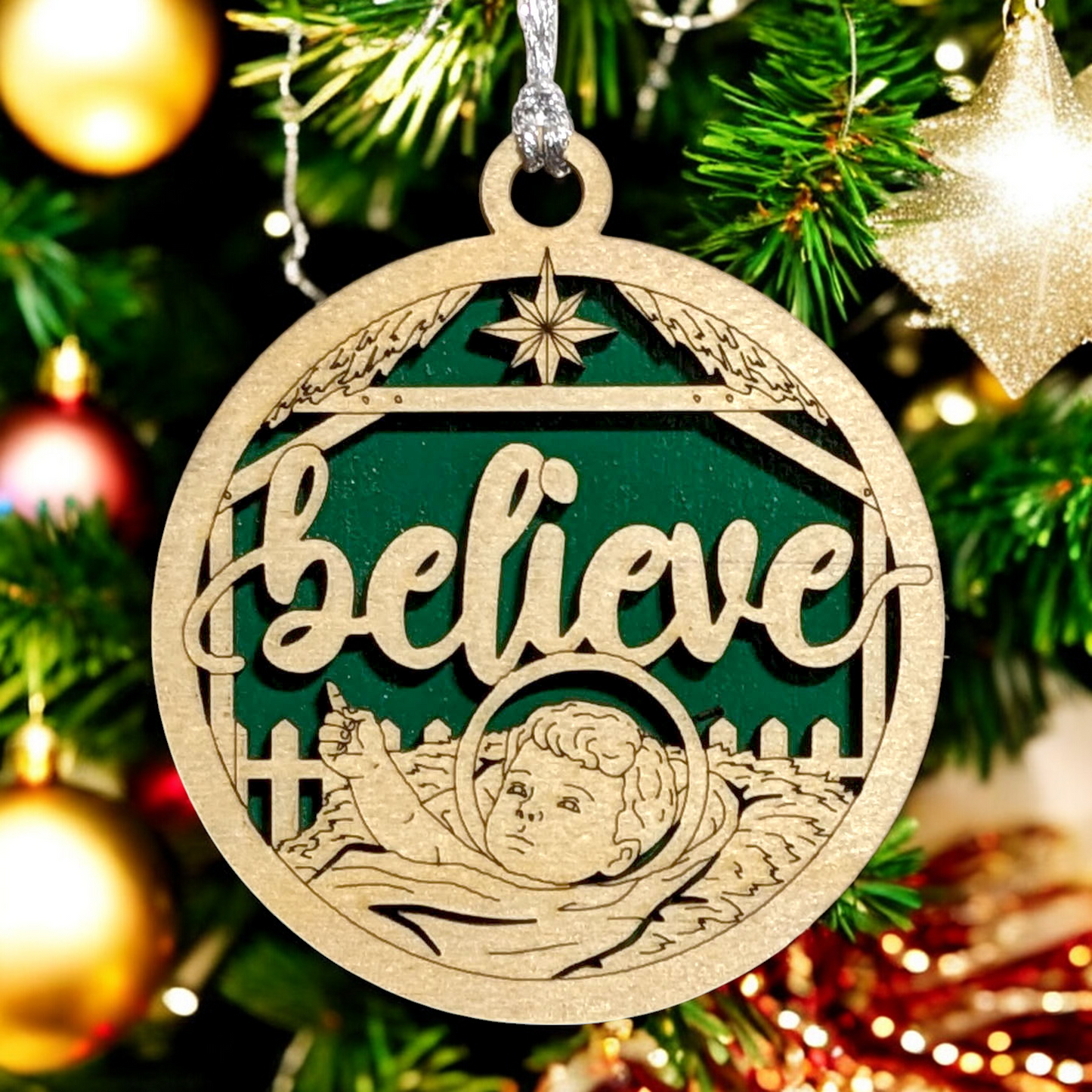 "Believe" Handcrafted Wooden Christmas Ornament - 3" Round Laser Cut Manger Scene with Baby Jesus & Believe Text - 2 Layer Natural Wood Holiday Decor Made in USA