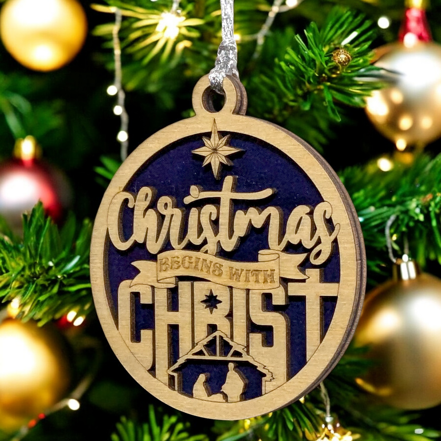 Christmas Begins with Christ - 3" Round Wooden Christmas Ornament - Handcrafted USA Made Laser Cut 2 Layer Manger Scene with Mary Joseph Baby Jesus
