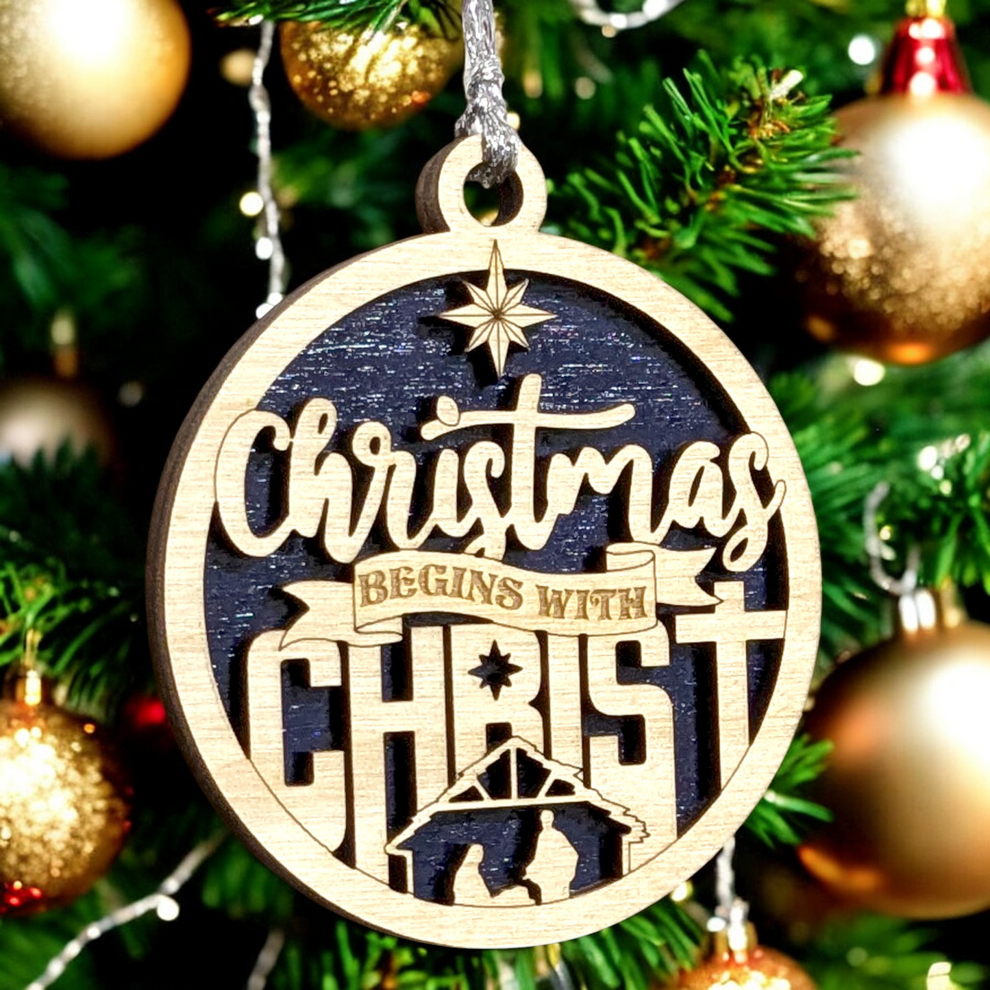 Christmas Begins with Christ - 3" Round Wooden Christmas Ornament - Handcrafted USA Made Laser Cut 2 Layer Manger Scene with Mary Joseph Baby Jesus