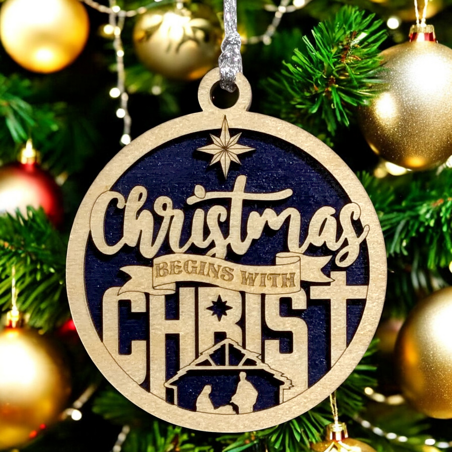 Christmas Begins with Christ - 3" Round Wooden Christmas Ornament - Handcrafted USA Made Laser Cut 2 Layer Manger Scene with Mary Joseph Baby Jesus