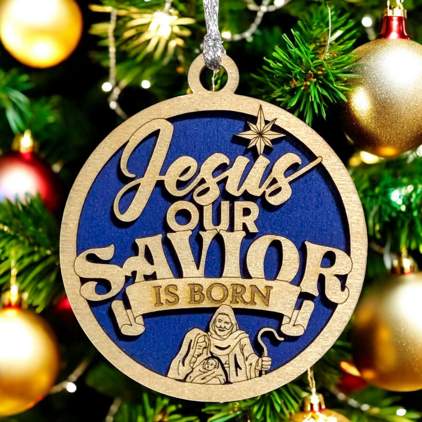 Jesus Our Savior Is Born Christmas Ornament - 3" Round Wooden Nativity Scene with Joseph, Mary & Baby Jesus - Hand Crafted USA Made Religious Holiday Decor Gift
