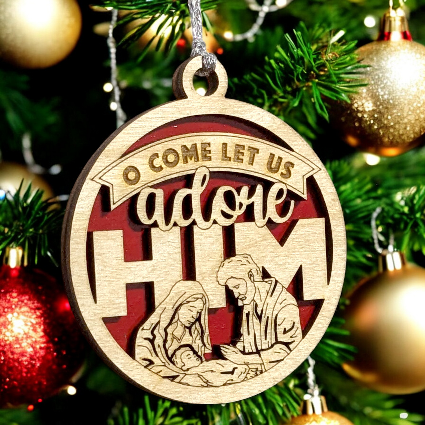 O Come Let Us Adore Him Christmas Ornament - 3" Round Wooden Nativity Scene Decoration, 2 Layer Laser Cut, Handcrafted in USA by Small Business, Holiday Tree Decor