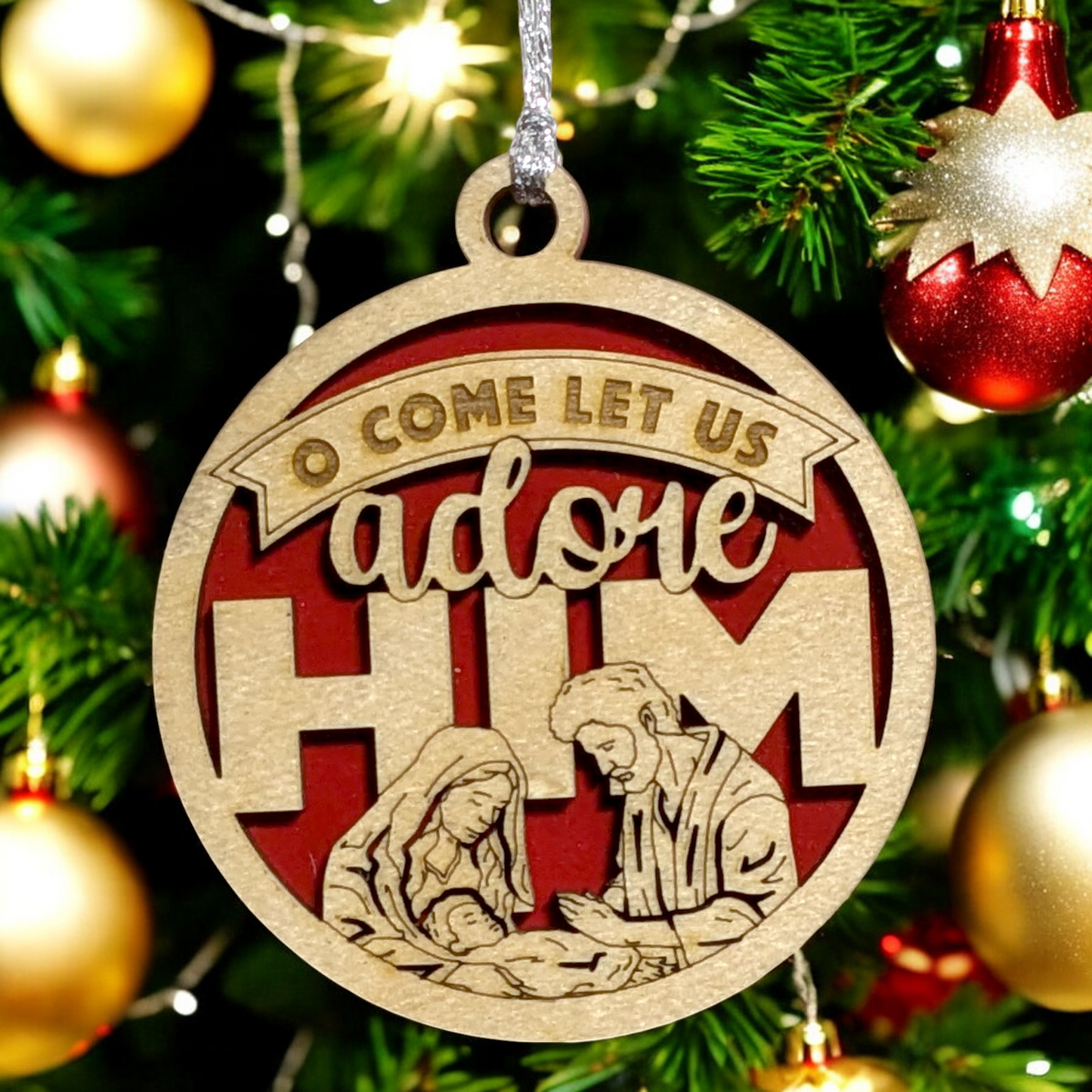 O Come Let Us Adore Him Christmas Ornament - 3" Round Wooden Nativity Scene Decoration, 2 Layer Laser Cut, Handcrafted in USA by Small Business, Holiday Tree Decor
