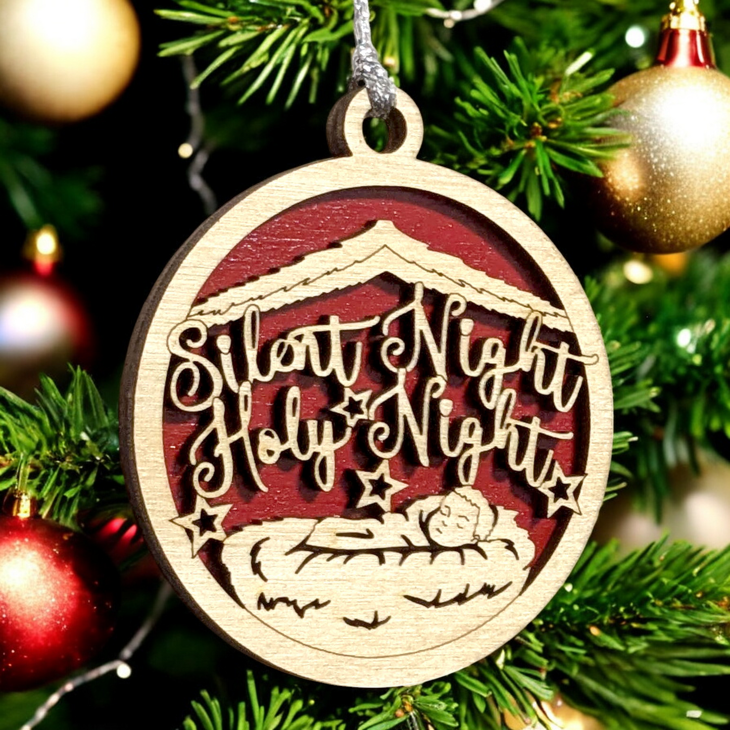 3" Round Wooden Christmas Ornament - 2 Layer Laser Cut Baby Jesus Manger Silent Night Holy Night - Handcrafted USA Small Business Natural Wood Stained