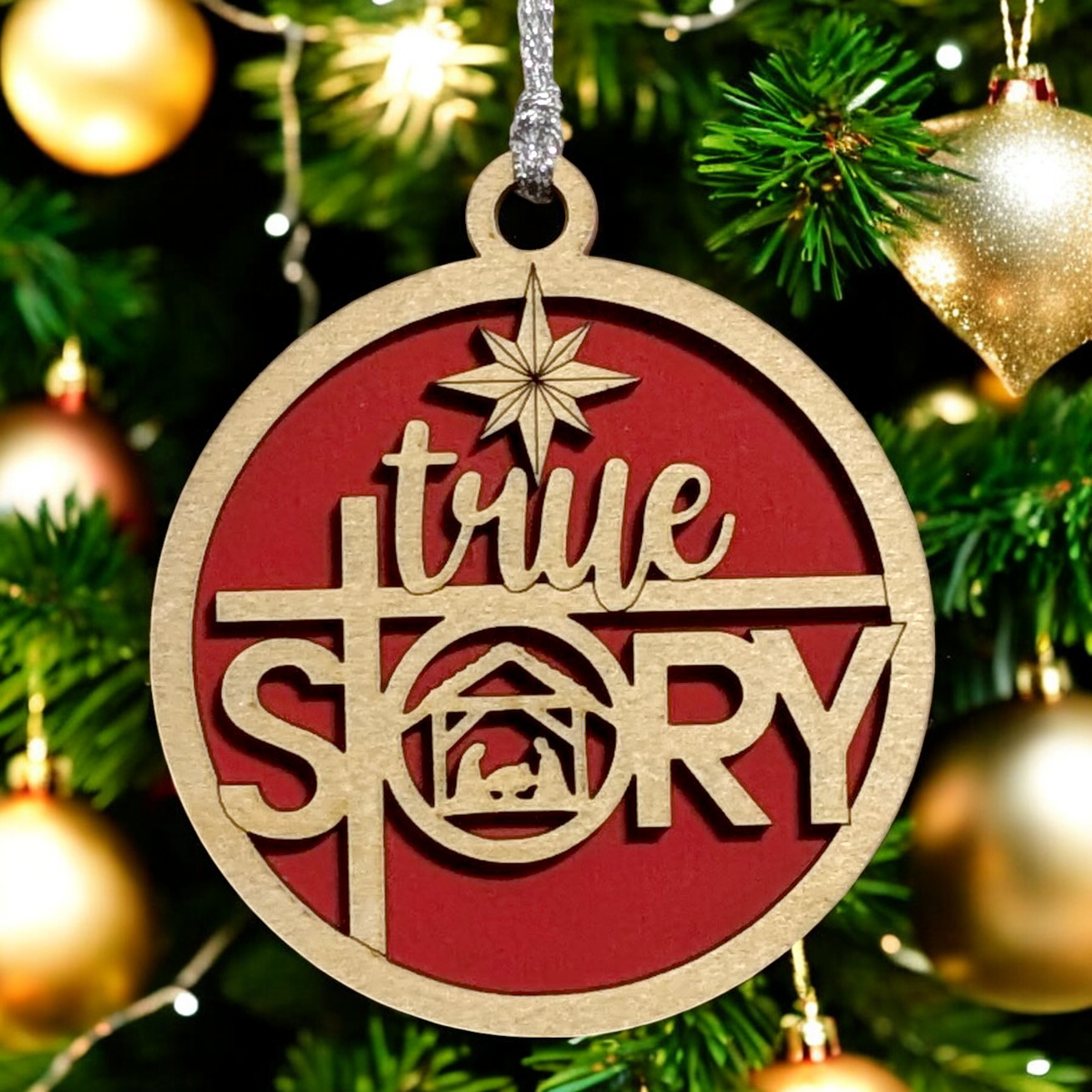 Christmas Ornament - 3" Round Wooden True Story Nativity Scene Laser Cut 2 Layer Natural Wood Handcrafted USA Small Business Holiday Decor Gift
