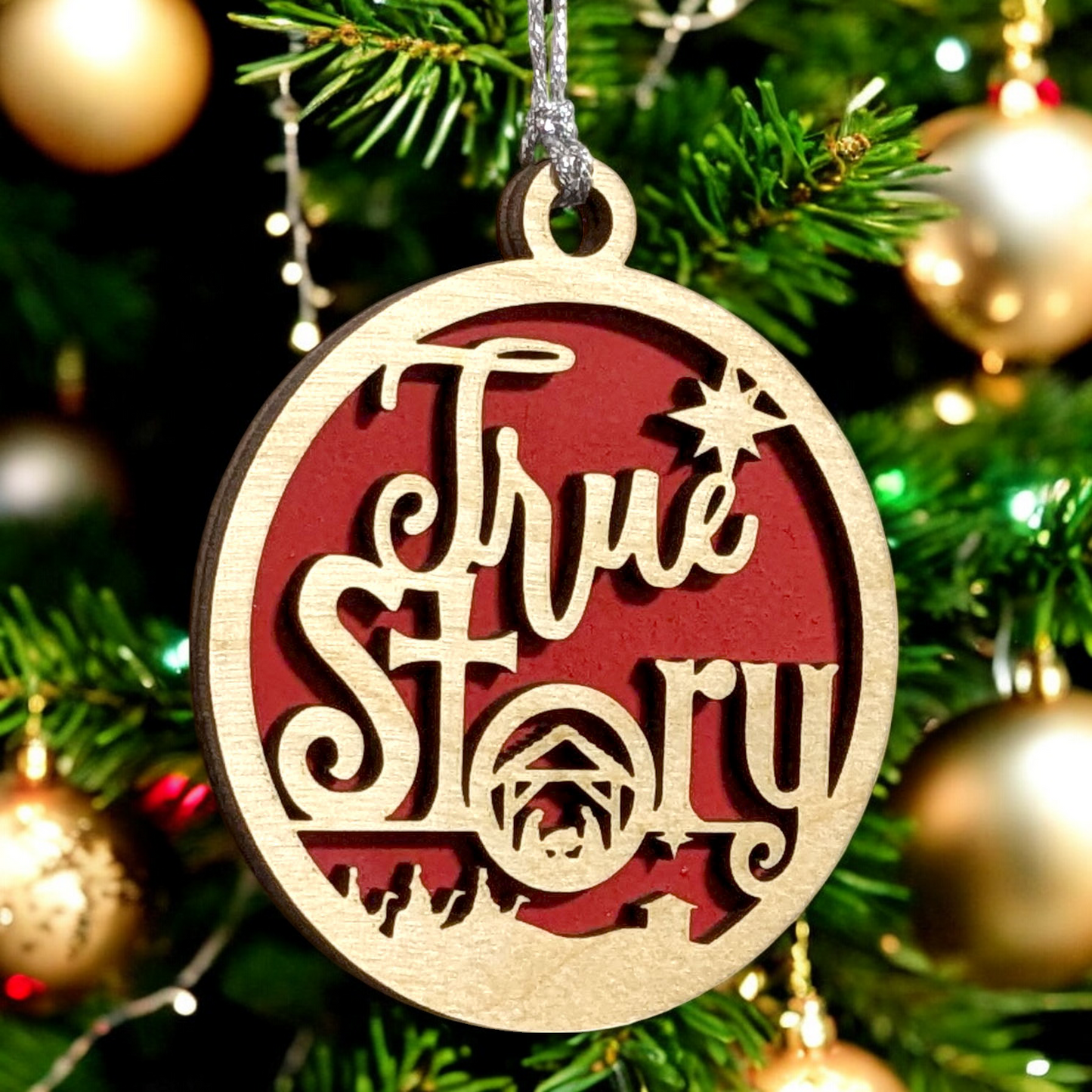 True Story Christmas Ornament - Handcrafted 3" Round Wooden Nativity Scene Decoration with Jesus Mary Joseph & Wise Men - USA Made Holiday Tree Decor Gift