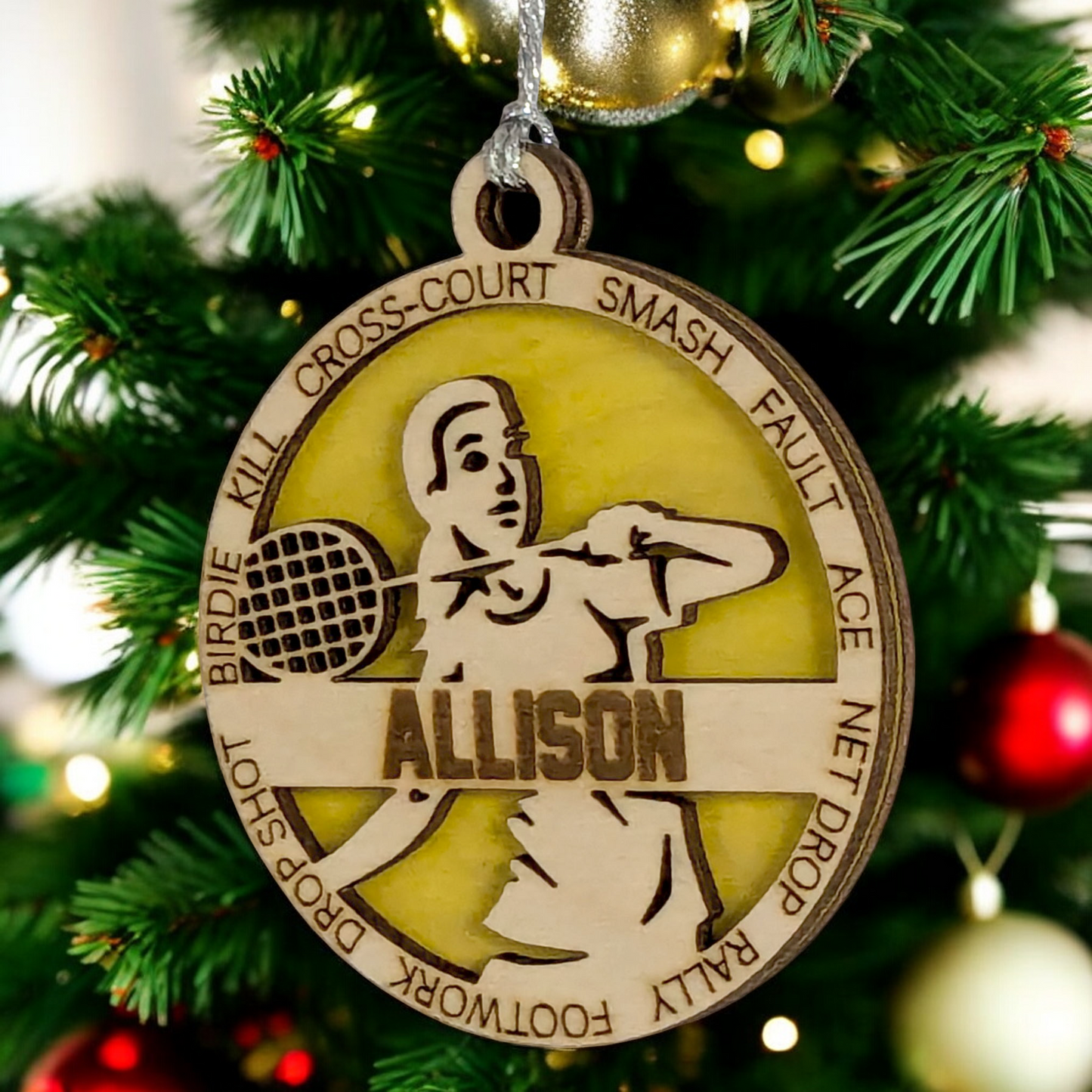 3" Personalized Female Badminton Christmas Ornament - Handcrafted Wood Laser Cut Decoration