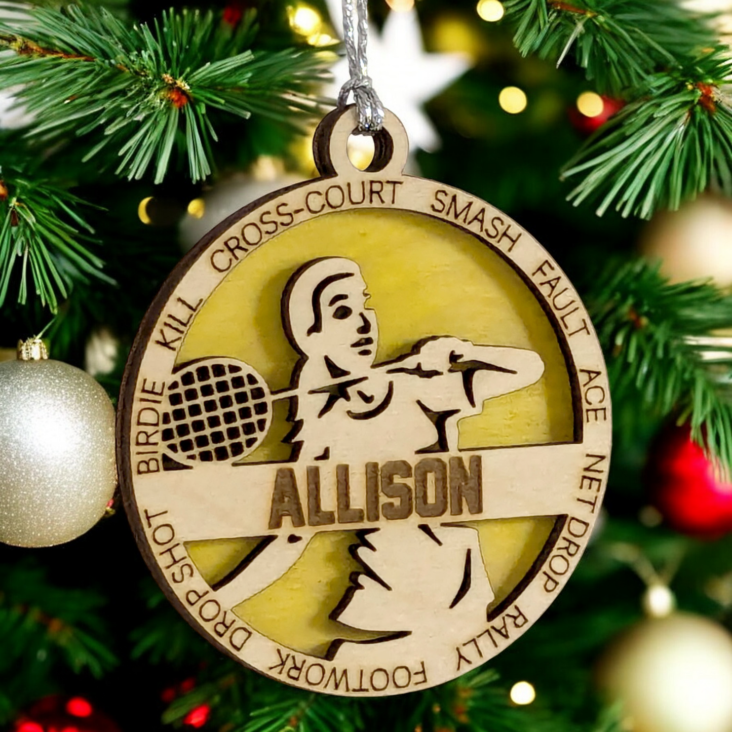 3" Personalized Female Badminton Christmas Ornament - Handcrafted Wood Laser Cut Decoration