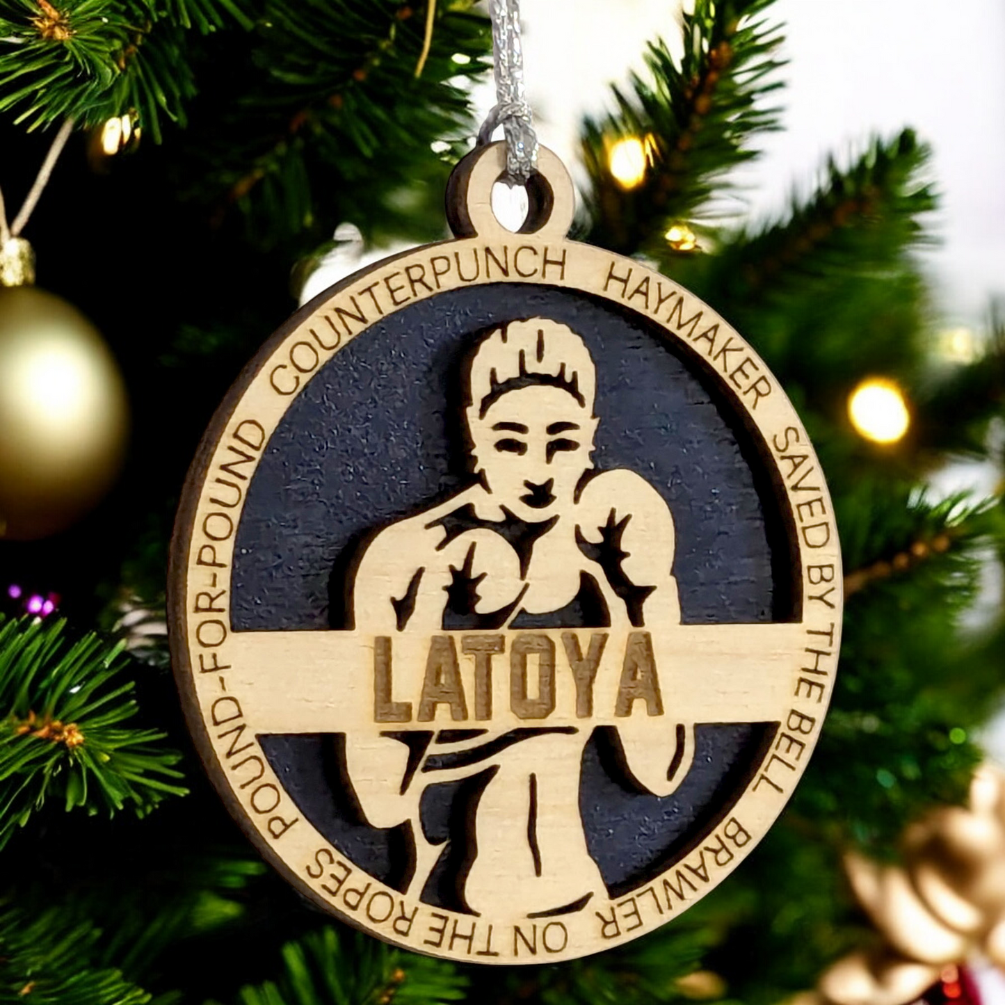 3" Personalized Female Boxing Christmas Ornament - Handcrafted Laser Cut Wood Decoration for Boxing Enthusiasts and Holiday Gift