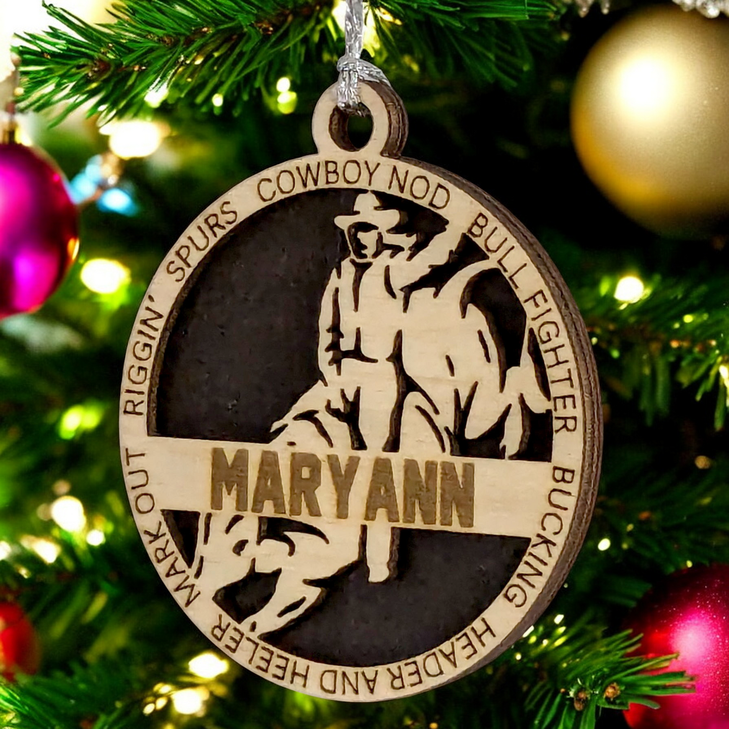 3" Handcrafted Personalized Female Bull Riding Christmas Ornament - Laser Cut Wood Rodeo Holiday Decor for Cowgirl Enthusiasts