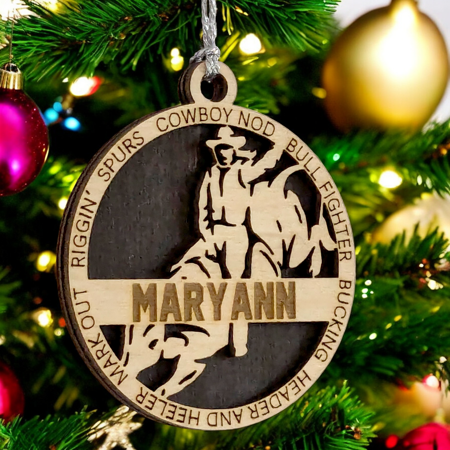 3" Handcrafted Personalized Female Bull Riding Christmas Ornament - Laser Cut Wood Rodeo Holiday Decor for Cowgirl Enthusiasts