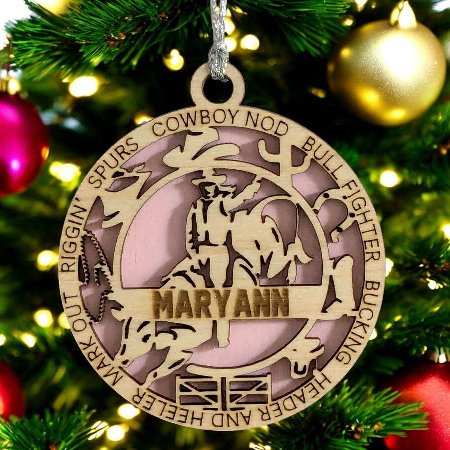 3" Handcrafted Personalized Female Bull Riding Christmas Ornament - Laser Cut Wood Rodeo Holiday Decor for Cowgirl Enthusiasts