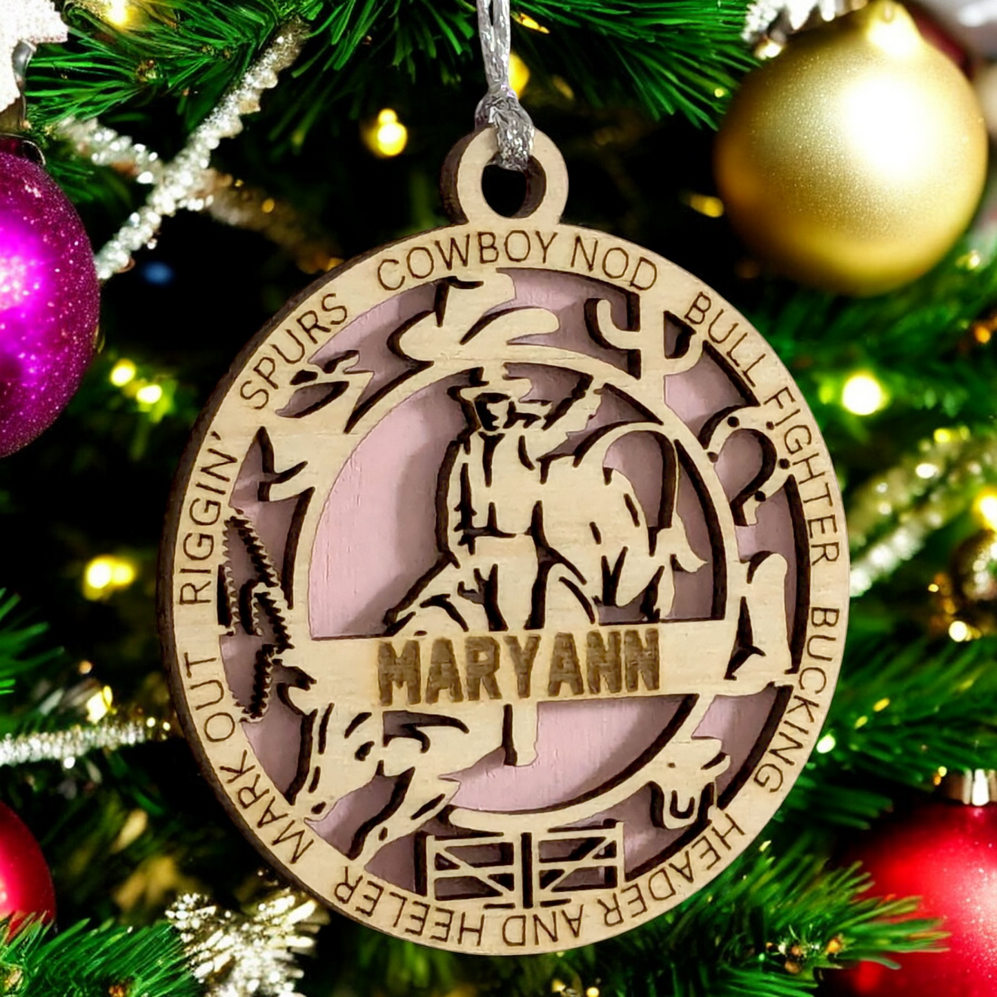 3" Handcrafted Personalized Female Bull Riding Christmas Ornament - Laser Cut Wood Rodeo Holiday Decor for Cowgirl Enthusiasts