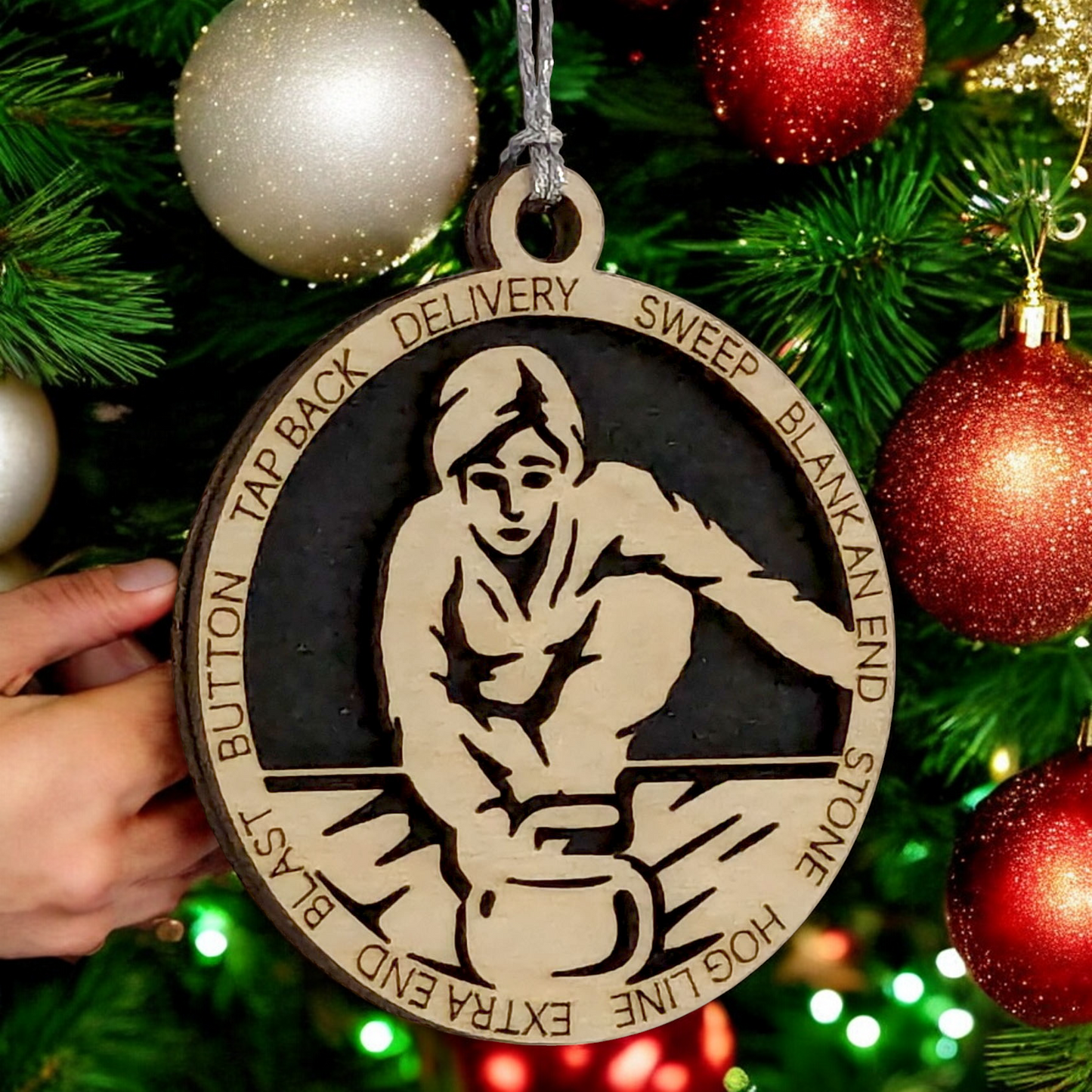 Add a Personal Touch to Your Holiday Decor with Our 3" Laser Cut Handcrafted Wooden Female Curling Christmas Ornament - Customize for a Unique Festive Gift!"