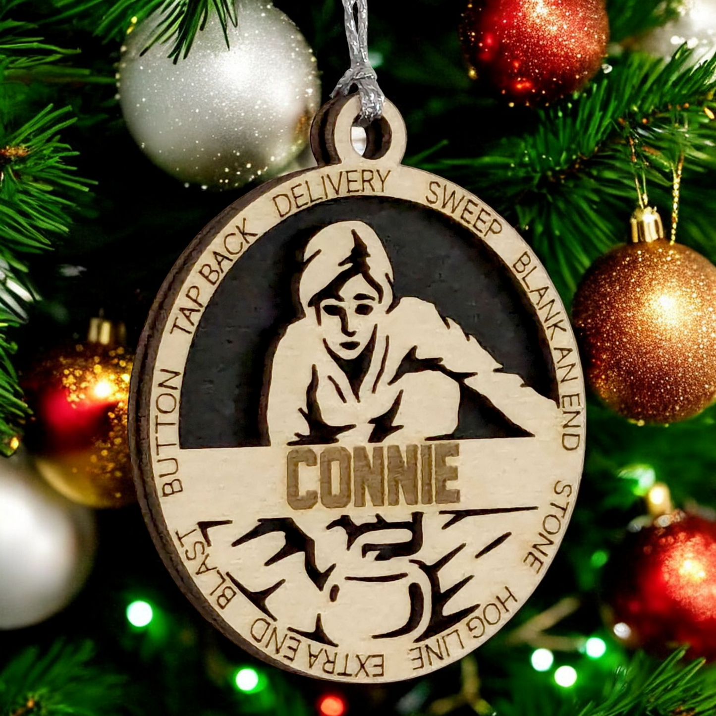 Add a Personal Touch to Your Holiday Decor with Our 3" Laser Cut Handcrafted Wooden Female Curling Christmas Ornament - Customize for a Unique Festive Gift!"
