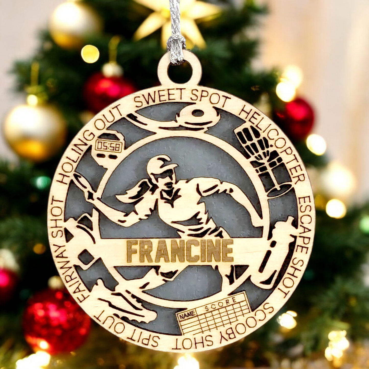 3" Handcrafted Wooden Personalized Female Right-Handed Disc Golf Christmas Ornament - Custom Disc Golf Holiday Decoration