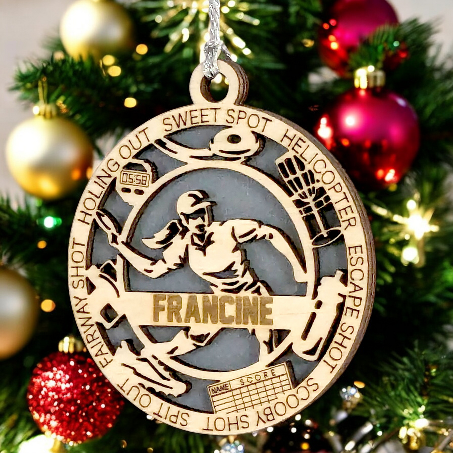 3" Handcrafted Wooden Personalized Female Right-Handed Disc Golf Christmas Ornament - Custom Disc Golf Holiday Decoration