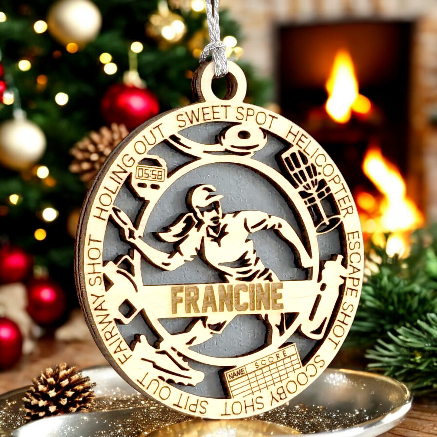 3" Handcrafted Wooden Personalized Female Right-Handed Disc Golf Christmas Ornament - Custom Disc Golf Holiday Decoration