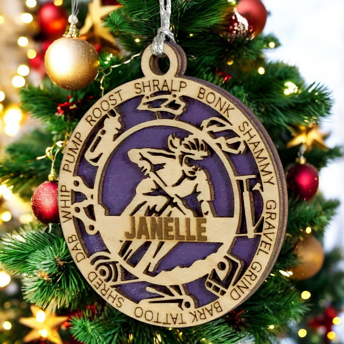 3" Handcrafted Wooden Personalized Female Mountain Biking Christmas Ornament - Custom Outdoor Sports Holiday Decor