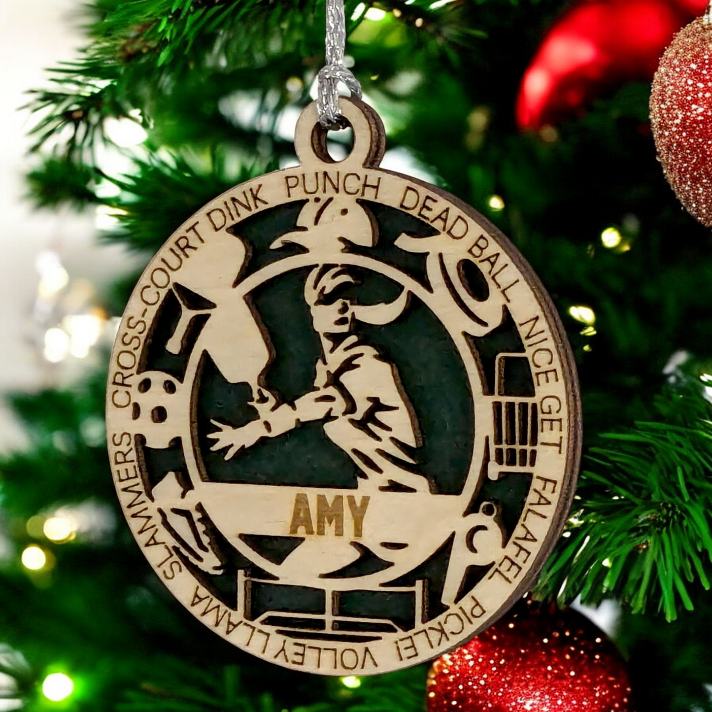 3" Handcrafted Wooden Personalized Female Pickleball Christmas Ornament - Customizable Holiday Decoration for Pickleball Enthusiasts