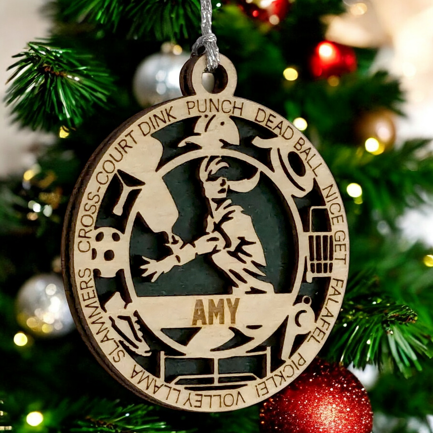 3" Handcrafted Wooden Personalized Female Pickleball Christmas Ornament - Customizable Holiday Decoration for Pickleball Enthusiasts