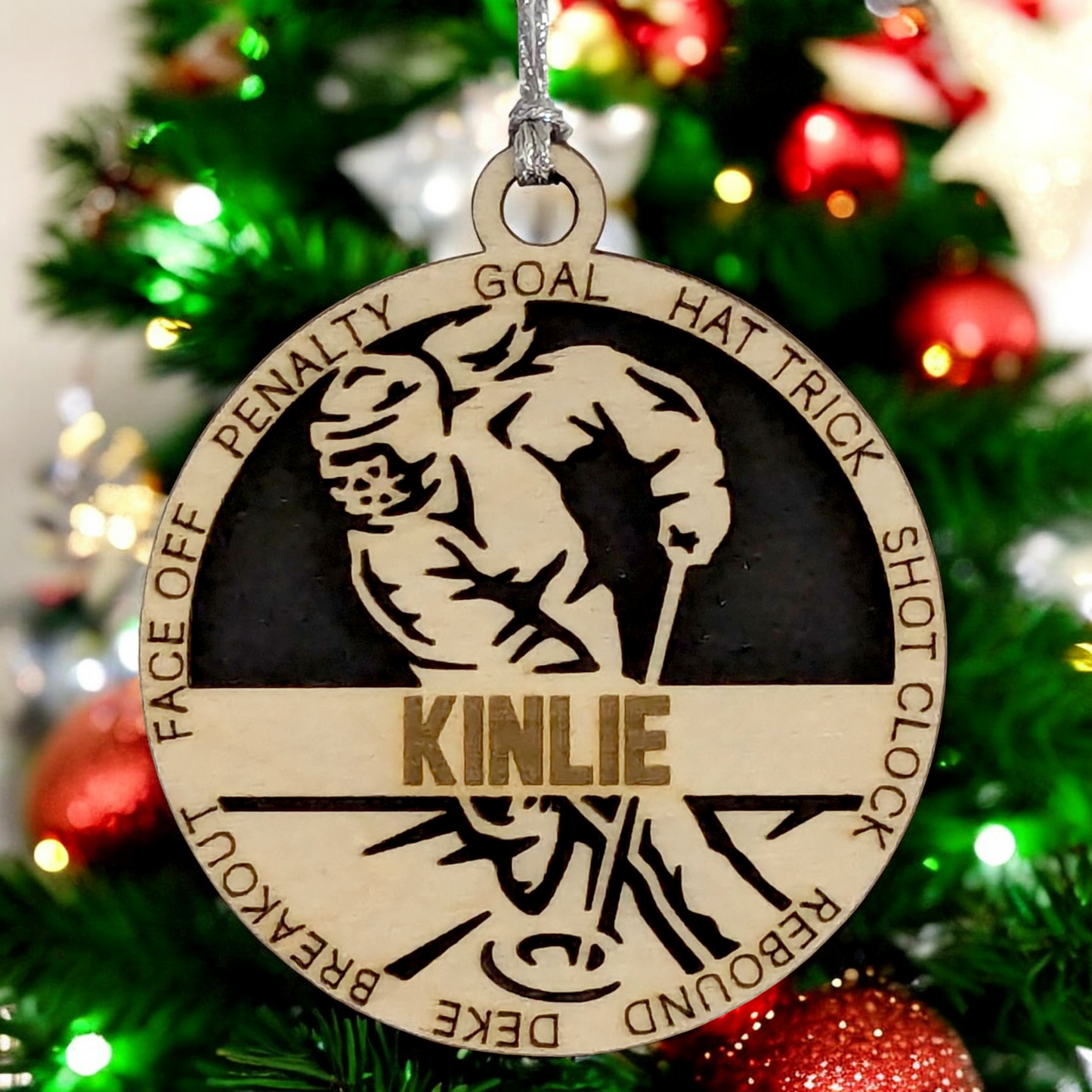 3" Handcrafted Wooden Personalized Female Ringette Christmas Ornament - Laser Cut - Unique Ringette Player Gift - Customizable Ice Sports Keepsake for Girls - Ringette Stick and Player Design