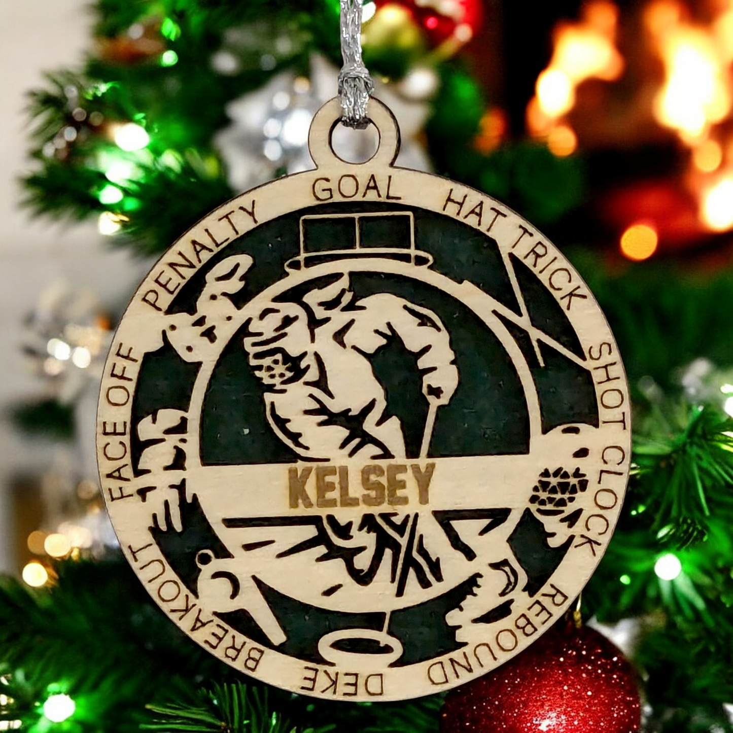 3" Handcrafted Wooden Personalized Female Ringette Christmas Ornament - Laser Cut - Unique Ringette Player Gift - Customizable Ice Sports Keepsake for Girls - Ringette Stick and Player Design