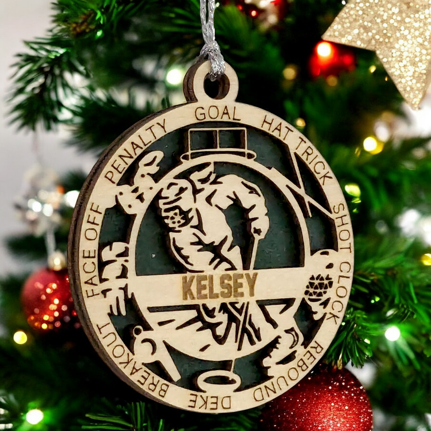 3" Handcrafted Wooden Personalized Female Ringette Christmas Ornament - Laser Cut - Unique Ringette Player Gift - Customizable Ice Sports Keepsake for Girls - Ringette Stick and Player Design