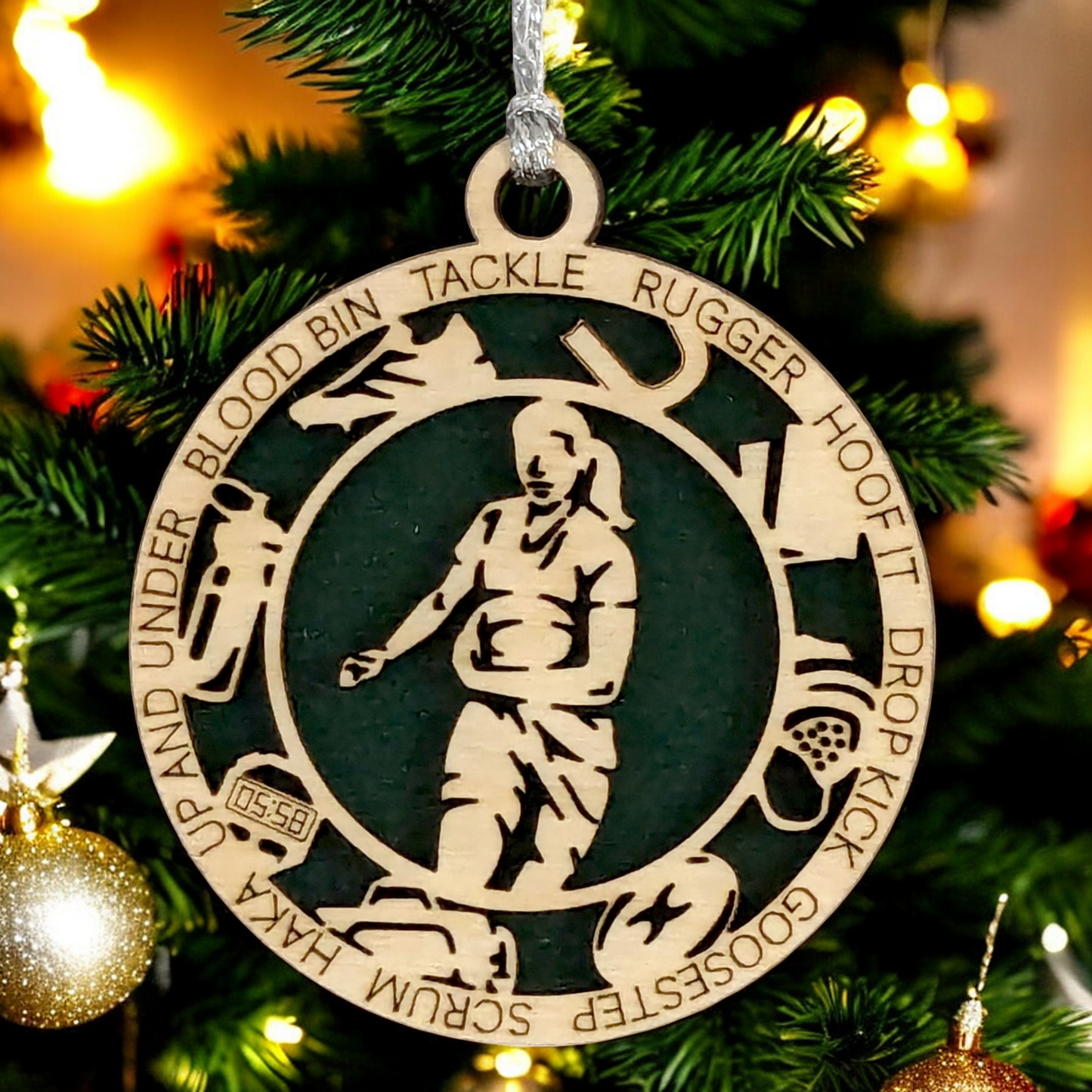 3" Handcrafted Wooden Personalized Female Rugby Christmas Ornament - Custom Rugby Player Holiday Decor