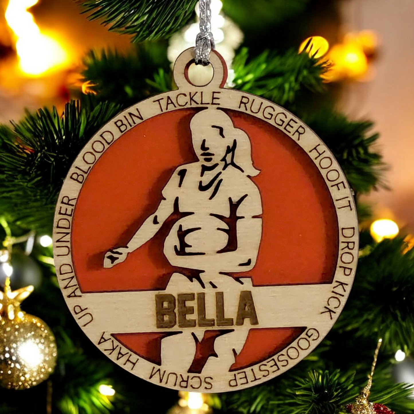 3" Handcrafted Wooden Personalized Female Rugby Christmas Ornament - Custom Rugby Player Holiday Decor