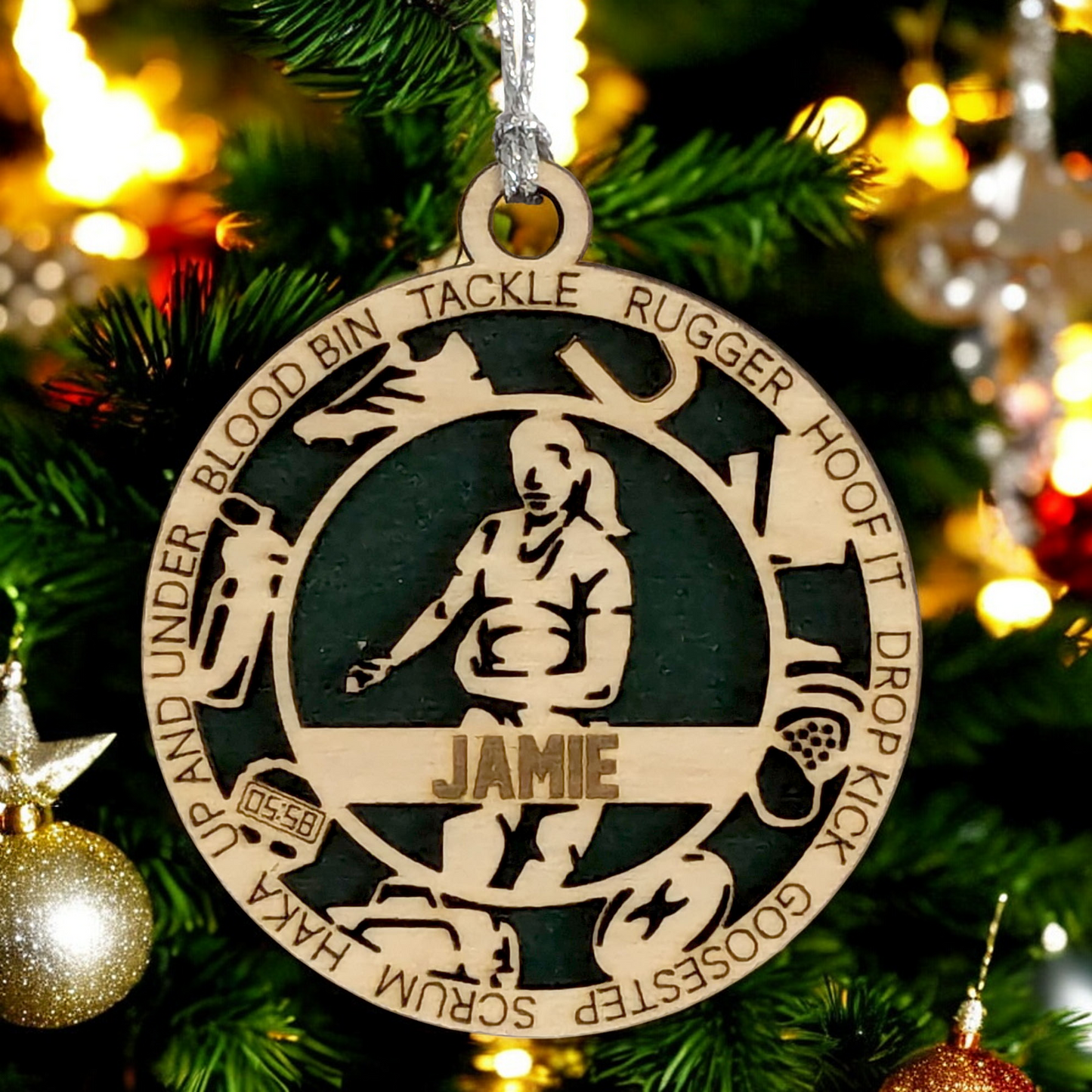 3" Handcrafted Wooden Personalized Female Rugby Christmas Ornament - Custom Rugby Player Holiday Decor