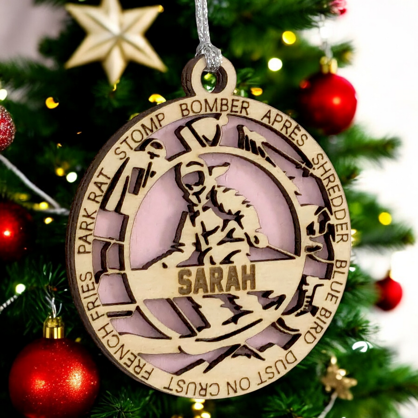 3" Laser Cut Handcrafted Wooden Personalized Female Skiing Christmas Ornament - Unique Ski Gift for Women - Customizable Holiday Tree Decor - Winter Sport Enthusiast Keepsake - Snow Skier Decoration