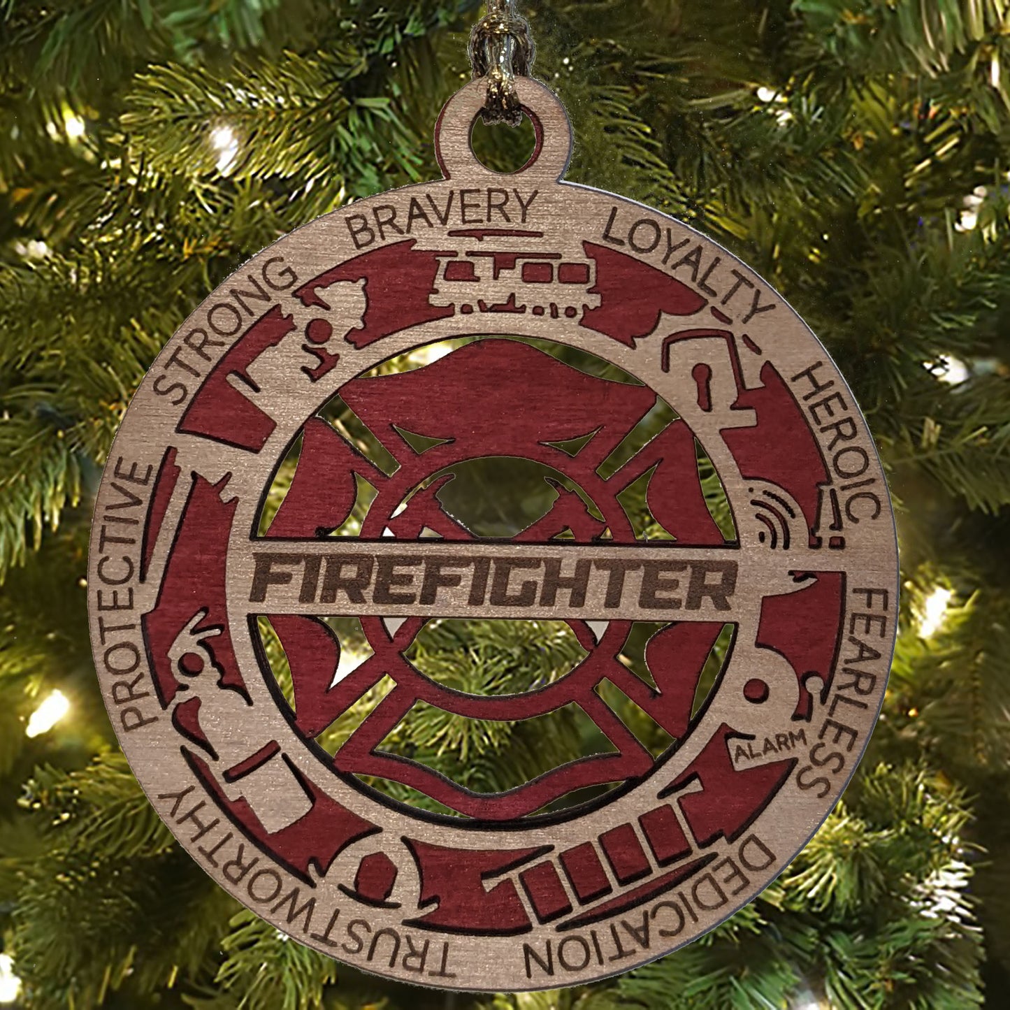 3" Laser Cut Handcrafted Wooden Firefighter Christmas Ornament - Custom Fireman Xmas Decor with Cut Background