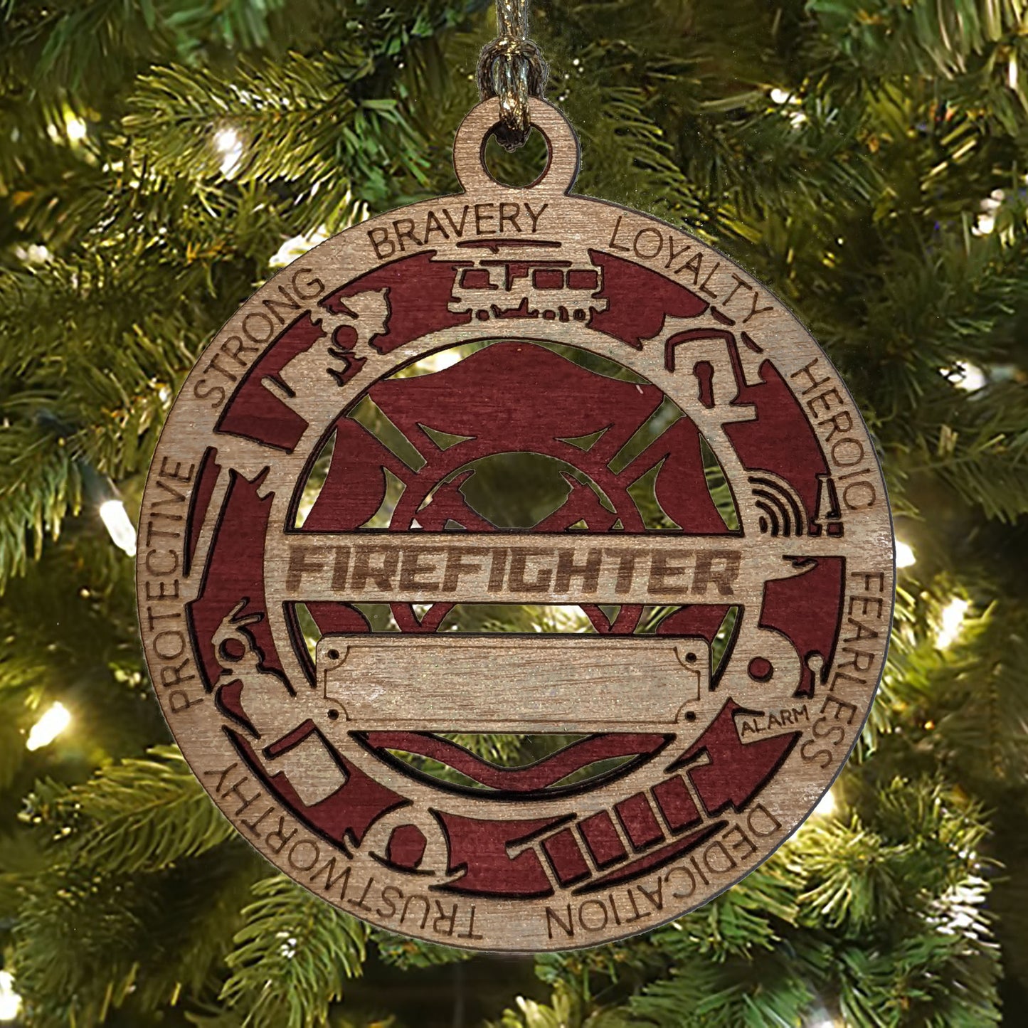 3" Laser Cut Handcrafted Wooden Personalized Firefighter Christmas Ornament - Custom Fireman Xmas Decor with Cut Background