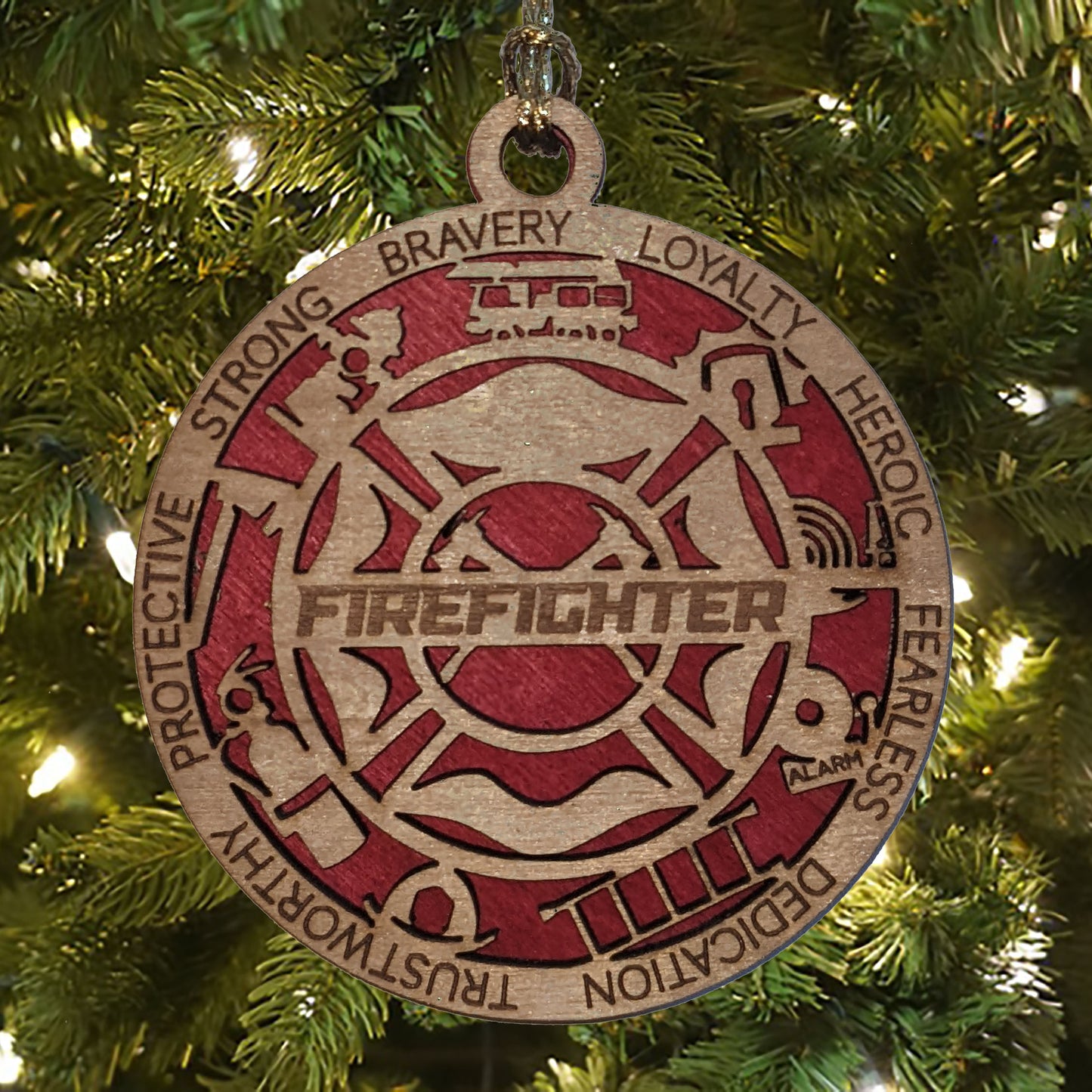 3" Laser-Cut Handcrafted Wooden Firefighter Christmas Ornament - Custom Fireman Holiday Decor with Solid Background