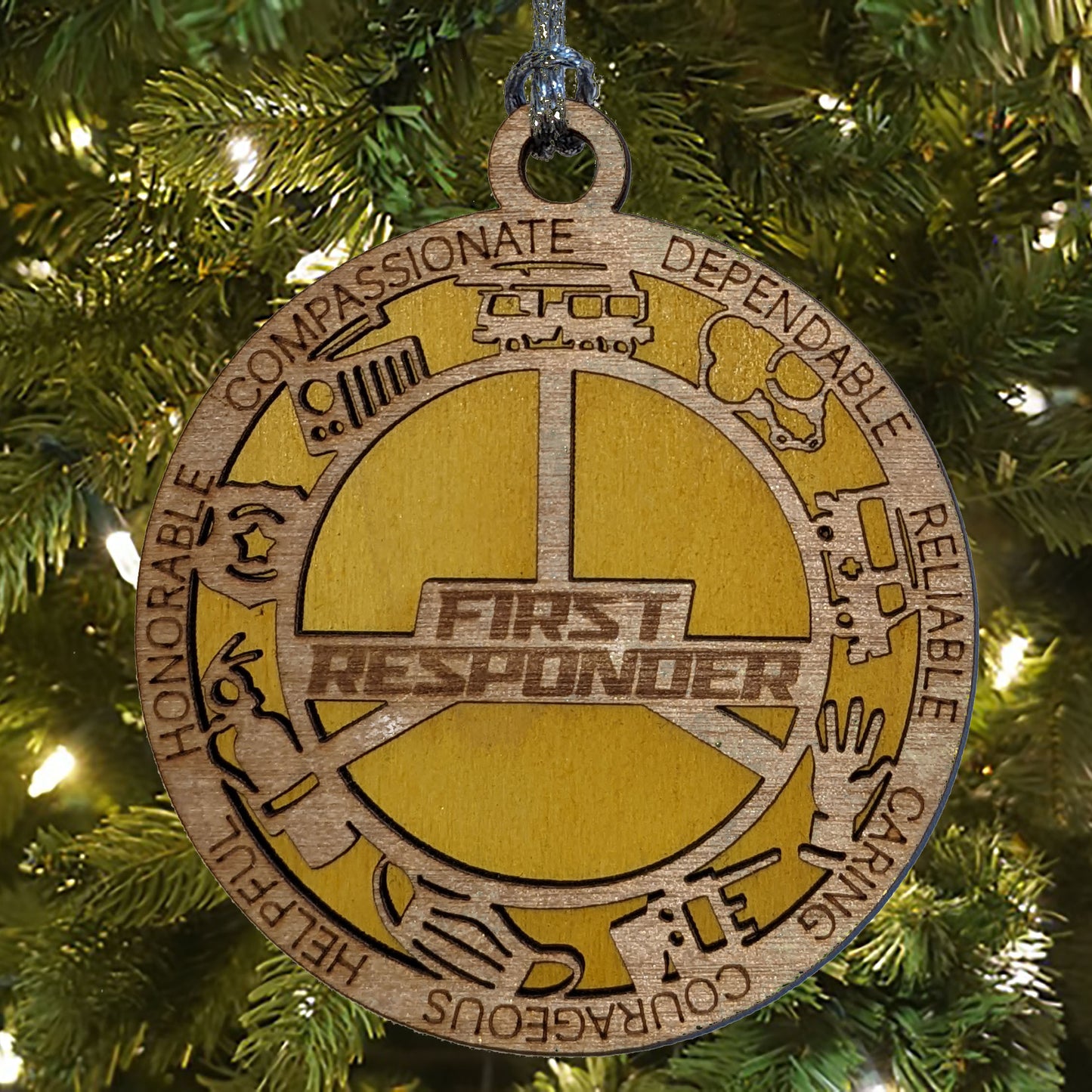 3" Laser-Cut Handcrafted Wooden First Responder Christmas Ornament with Unique Cut Background - Custom Heroic Holiday Decor