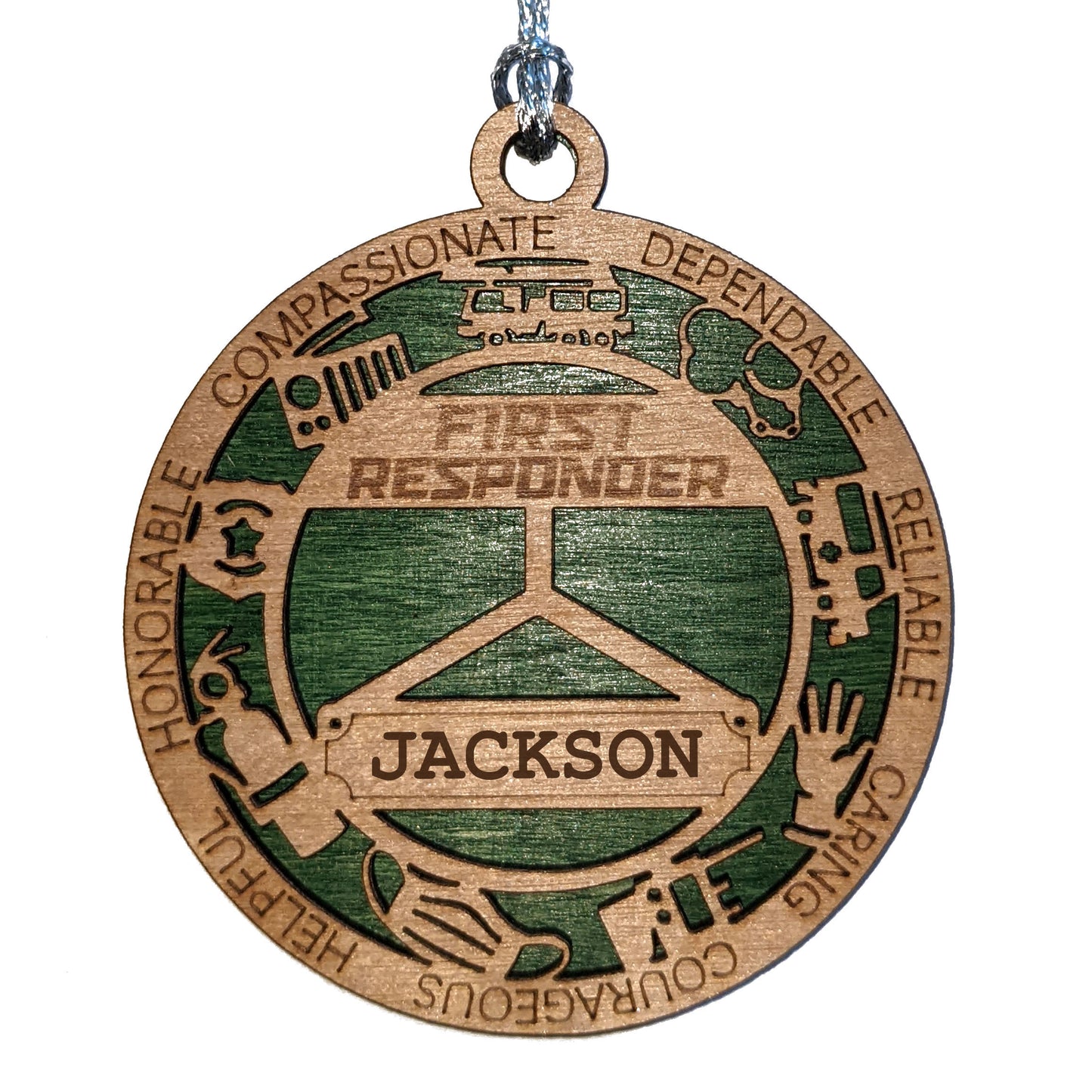 3" Laser-Cut Handcrafted Wooden Personalized First Responder Christmas Ornament with Unique Cut Background - Custom Heroic Holiday Decor