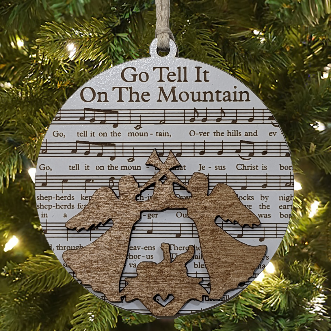 3.5" Laser Engraved Christmas Ornament - Go Tell It on the Mountain Sheet Music Design, Holiday Decor, Musical Theme, Unique Xmas Gift