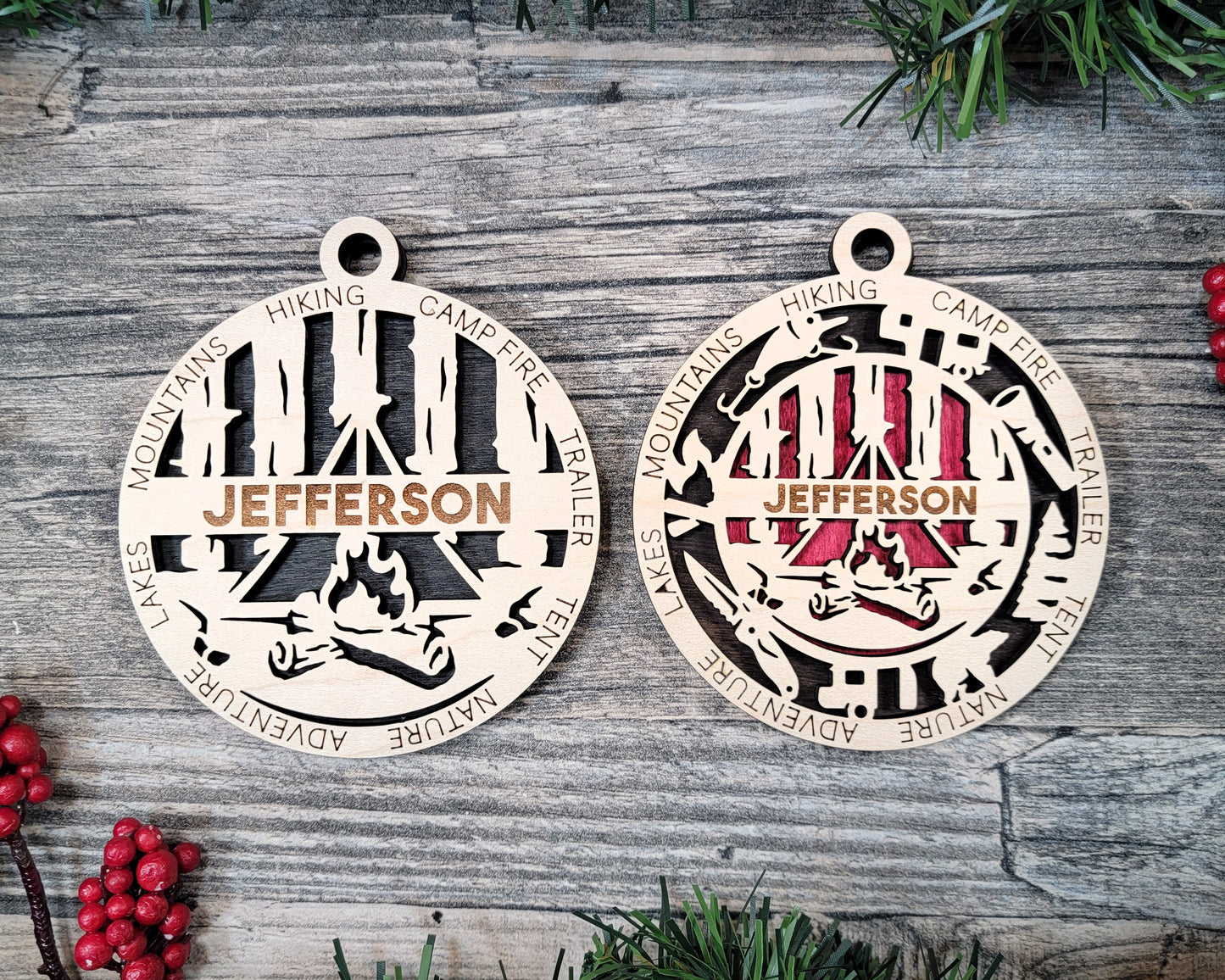 Camping laser cut wood ornament