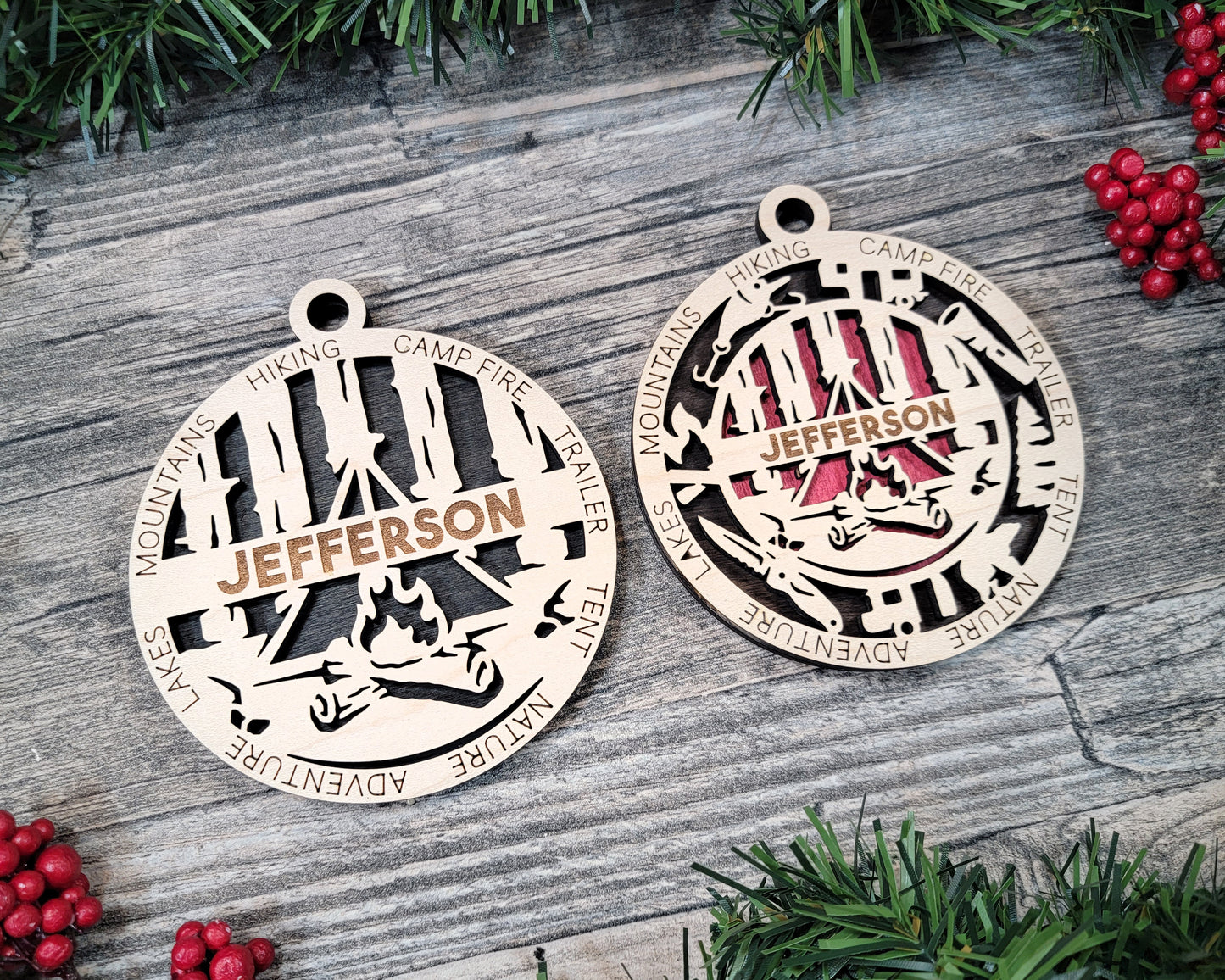 Camping laser cut wood ornament