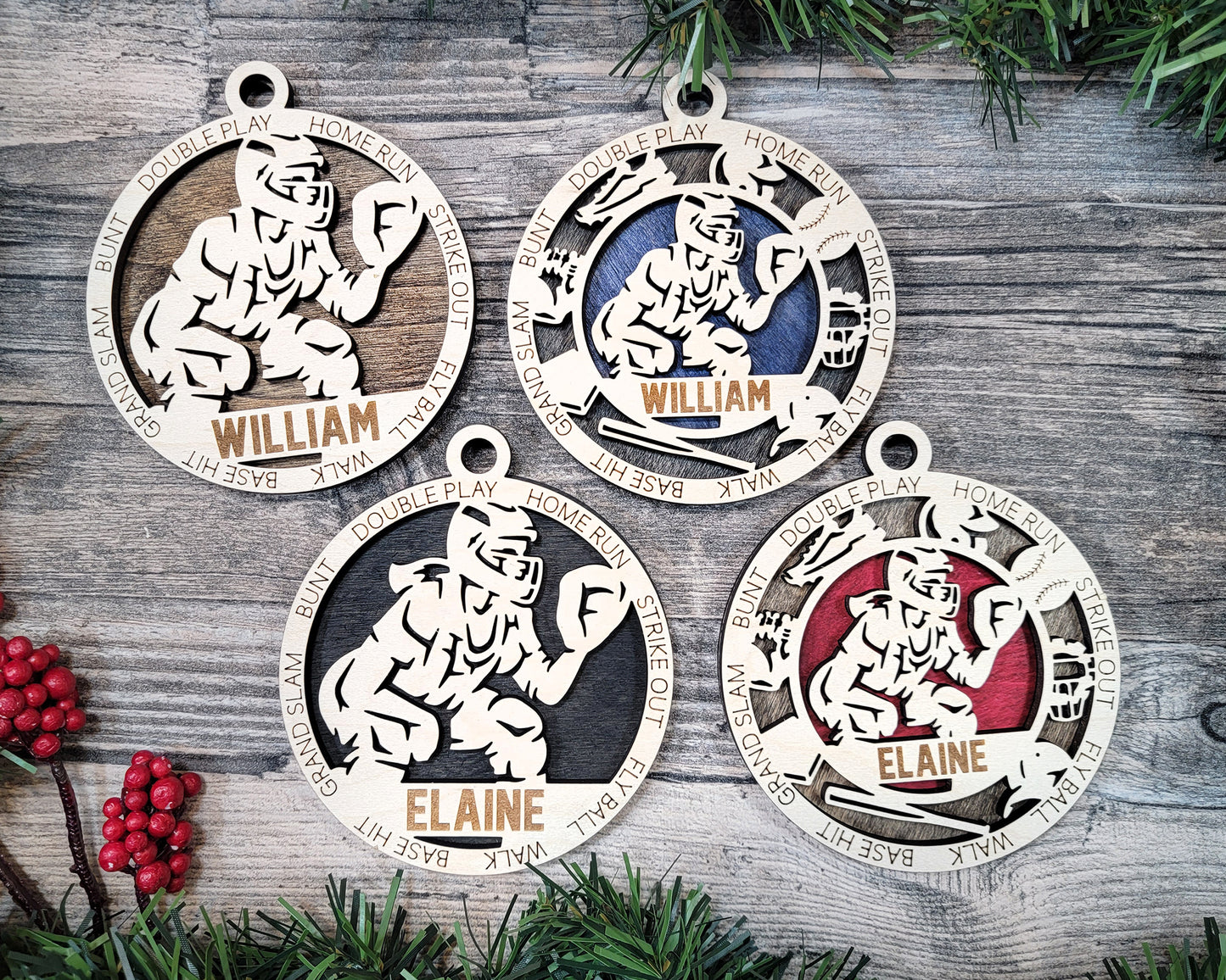 Female baseball/softball catcher laser cut personalized wood ornament