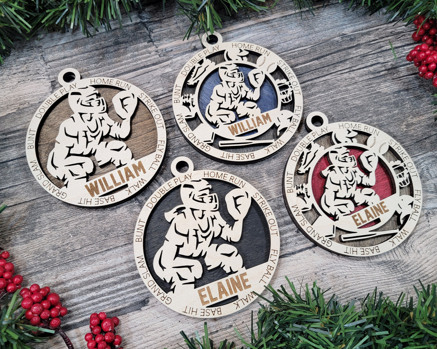 Female baseball/softball catcher laser cut personalized wood ornament