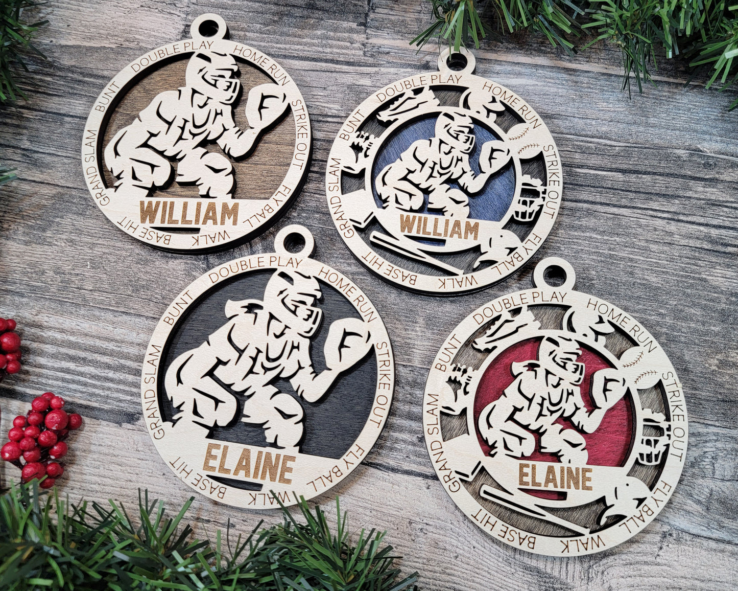 Female baseball/softball catcher laser cut personalized wood ornament