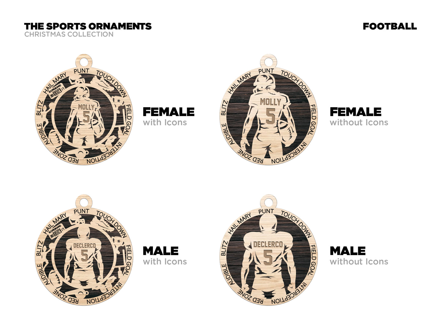 Male Football laser cut personalized wood ornament