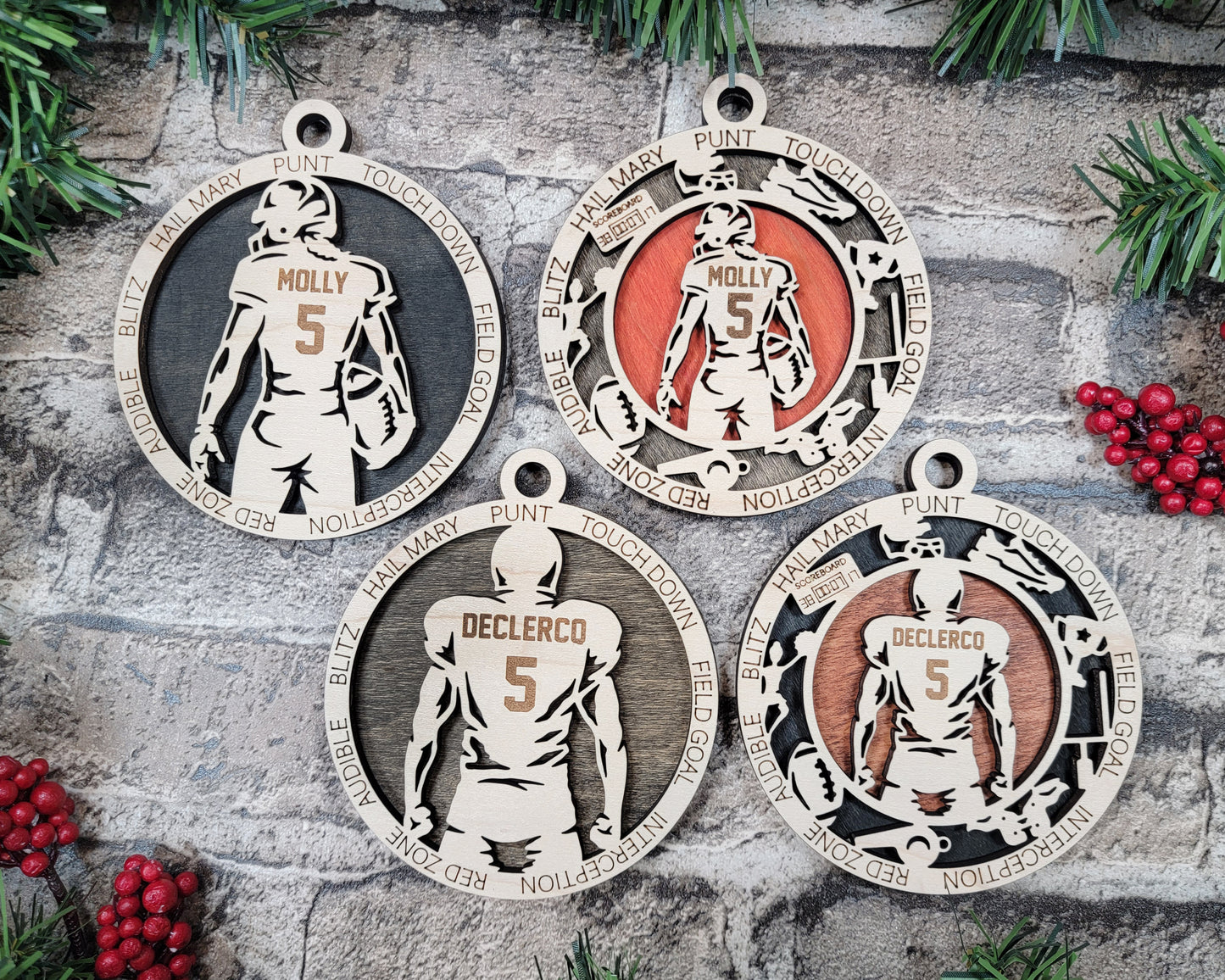 Male Football laser cut personalized wood ornament