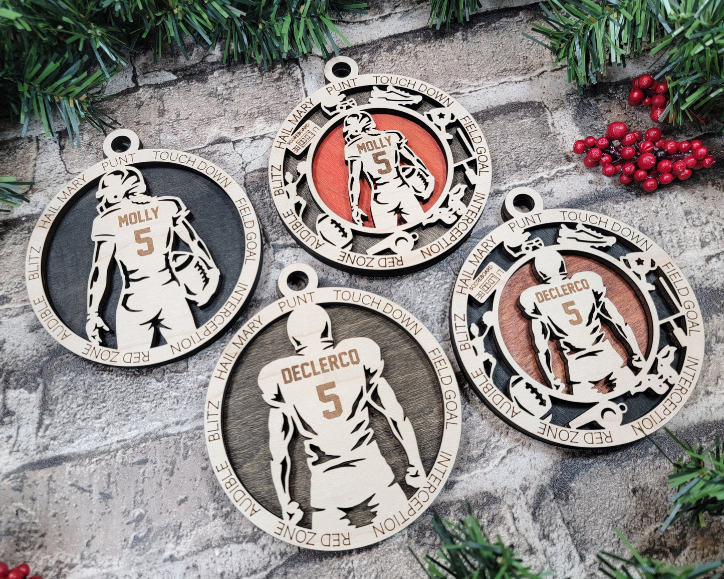 Male Football laser cut personalized wood ornament