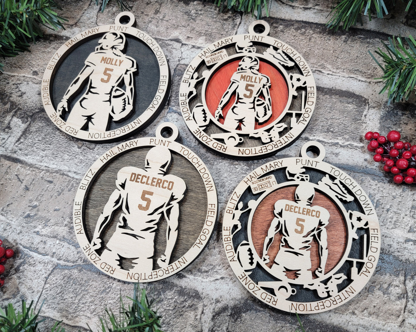 Male Football laser cut personalized wood ornament